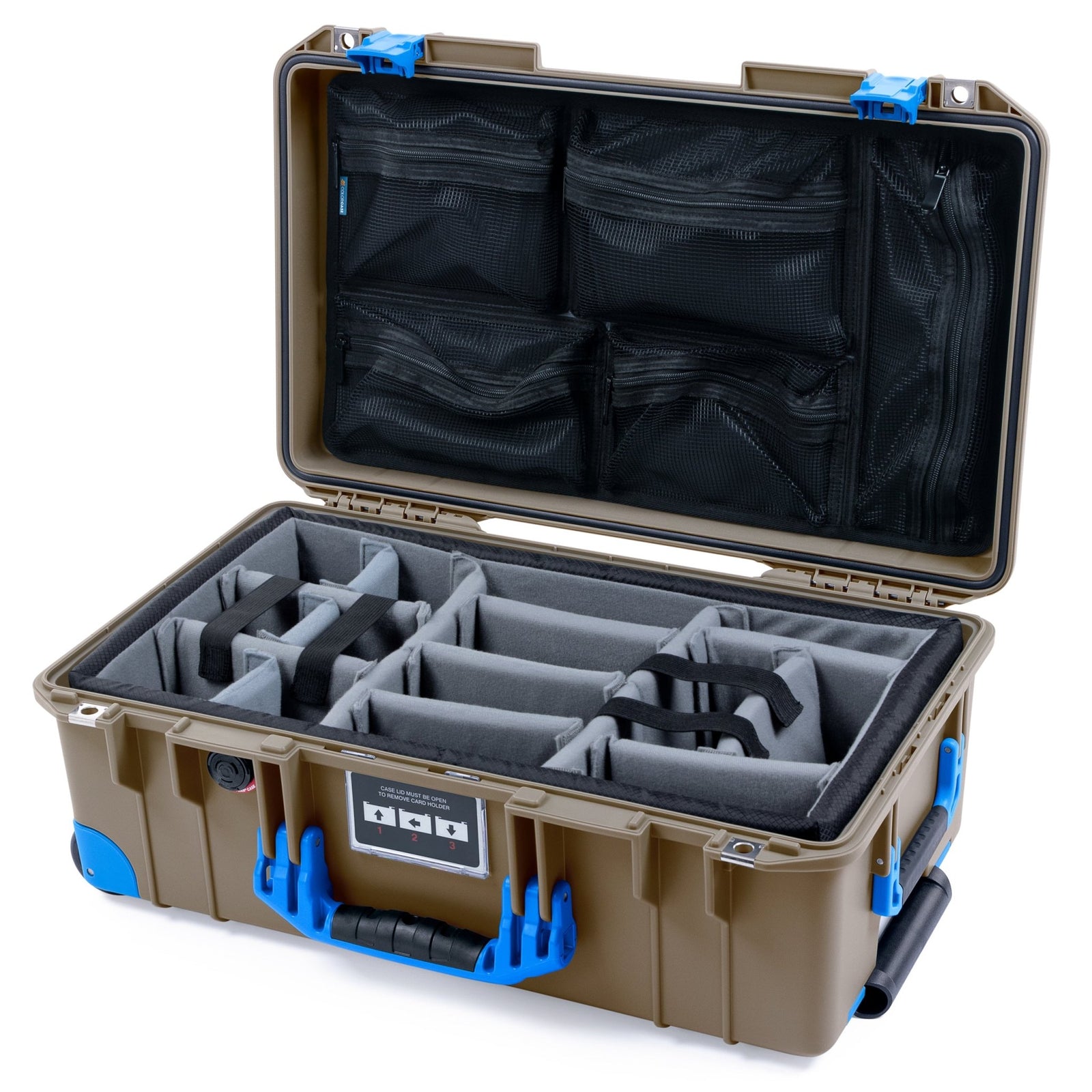 Pelican 1535 Air Carry-on Case - Dark Desert Dirt & Blue Trolley - Padded Microfiber Dividers / Mesh Lid Organizer