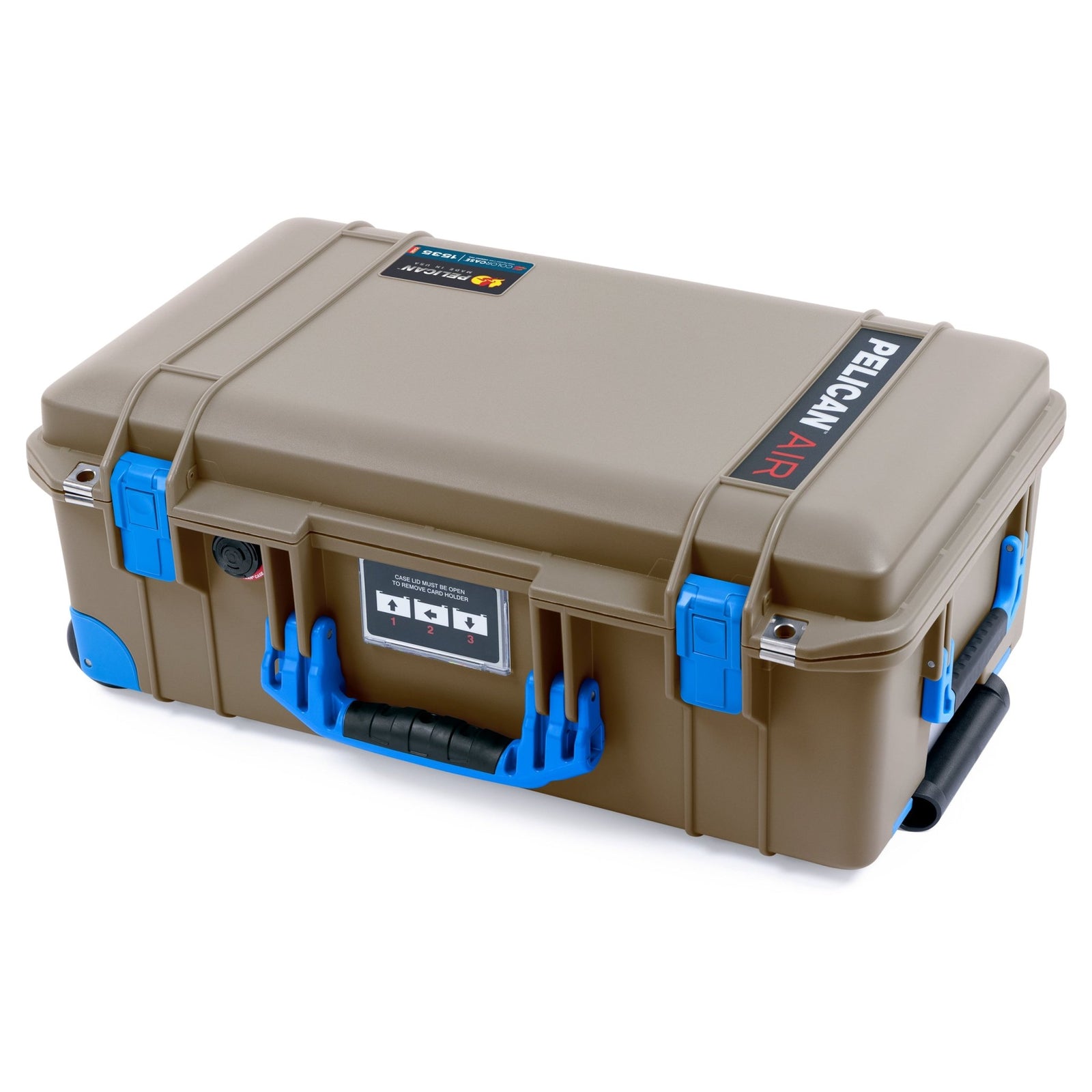 Pelican 1535 Air Carry-on Case - Dark Desert Dirt & Blue Trolley - Flat View of Front