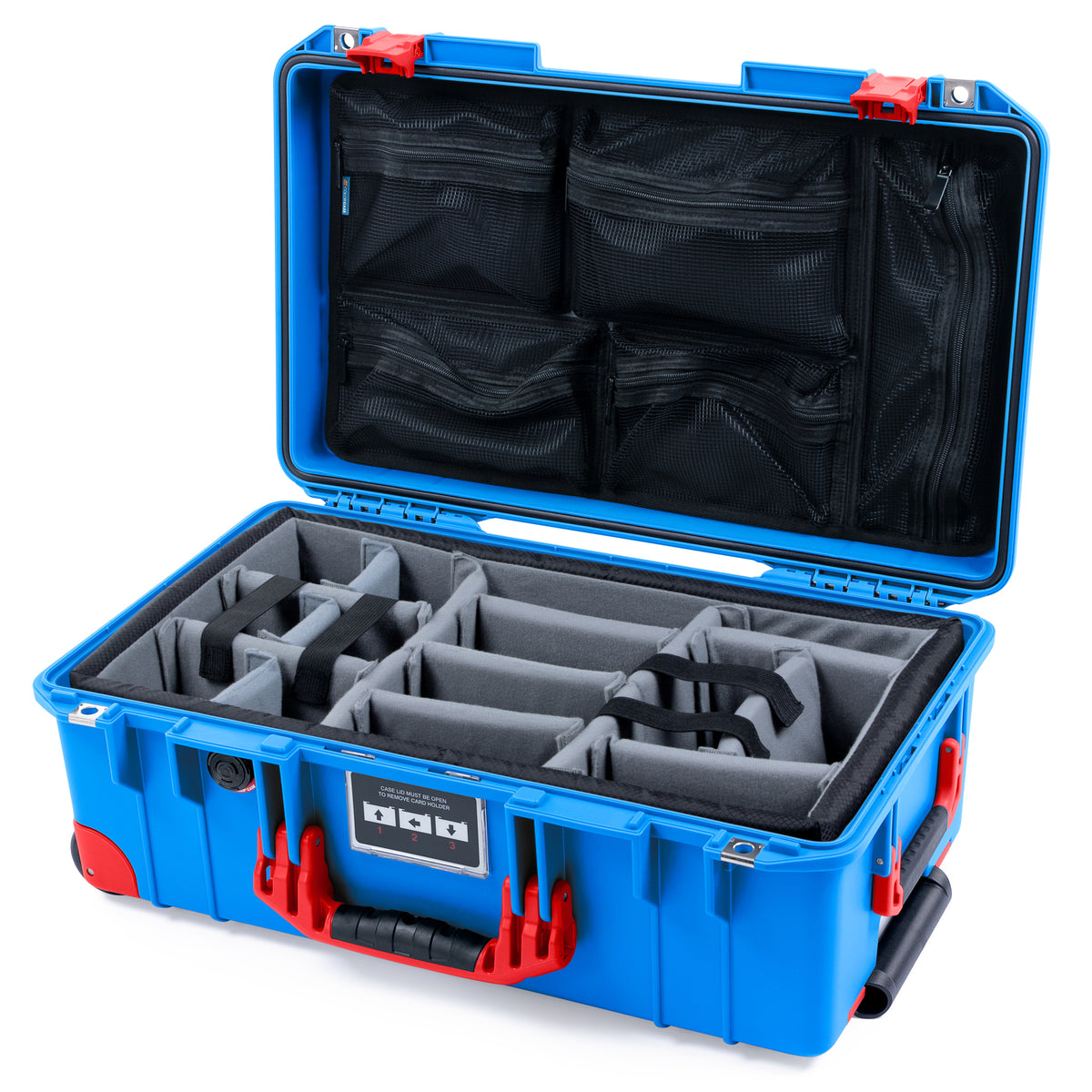 Pelican 1535 Air Carry-on Case - Electric Blue &amp; Red Trolley - Padded Microfiber Dividers / Mesh Lid Organizer