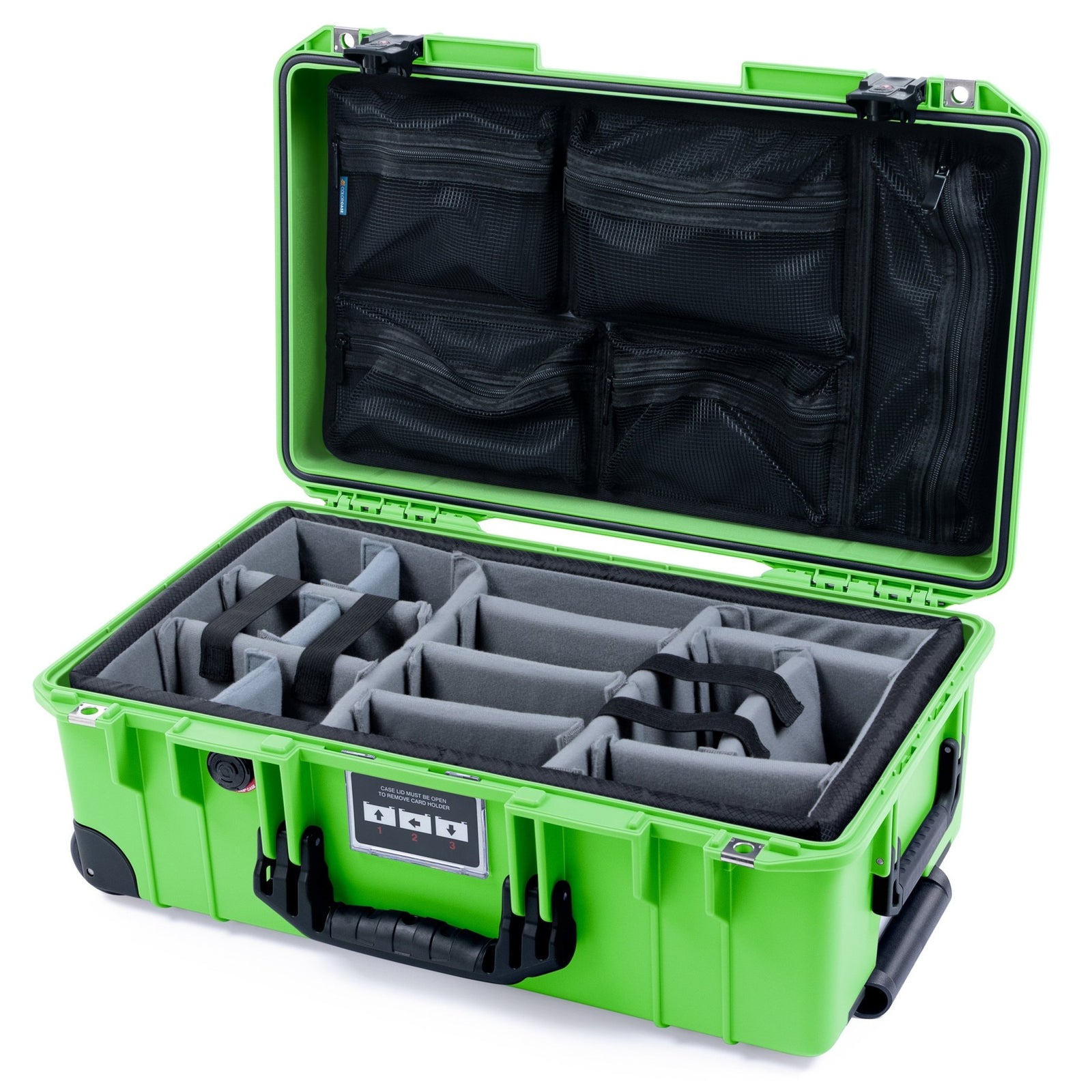 Pelican 1535 Air Carry - on Case - Lime Green & Black TSA Latches + Trolley - Padded Microfiber Dividers / Mesh Lid Organizer