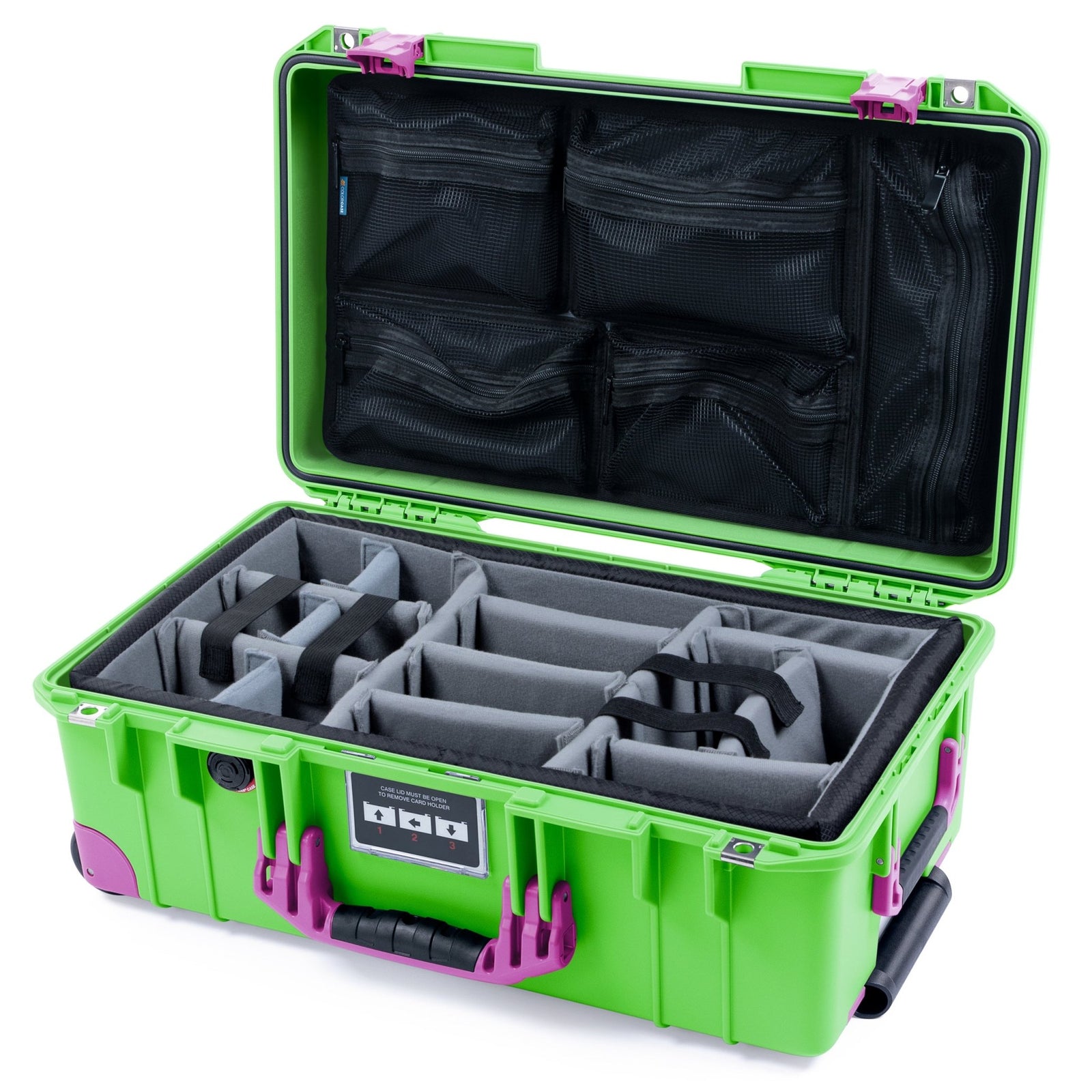 Pelican 1535 Air Carry - on Case - Lime Green & Magenta Trolley - Padded Microfiber Dividers / Mesh Lid Organizer