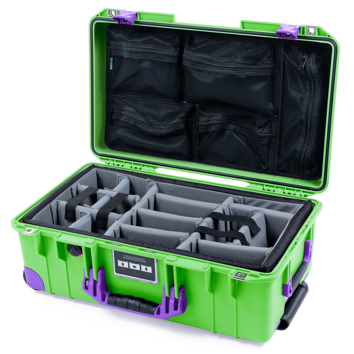 Pelican 1535 Air Carry-on Case - Lime Green & Purple Trolley - Padded Microfiber Dividers / Mesh Lid Organizer