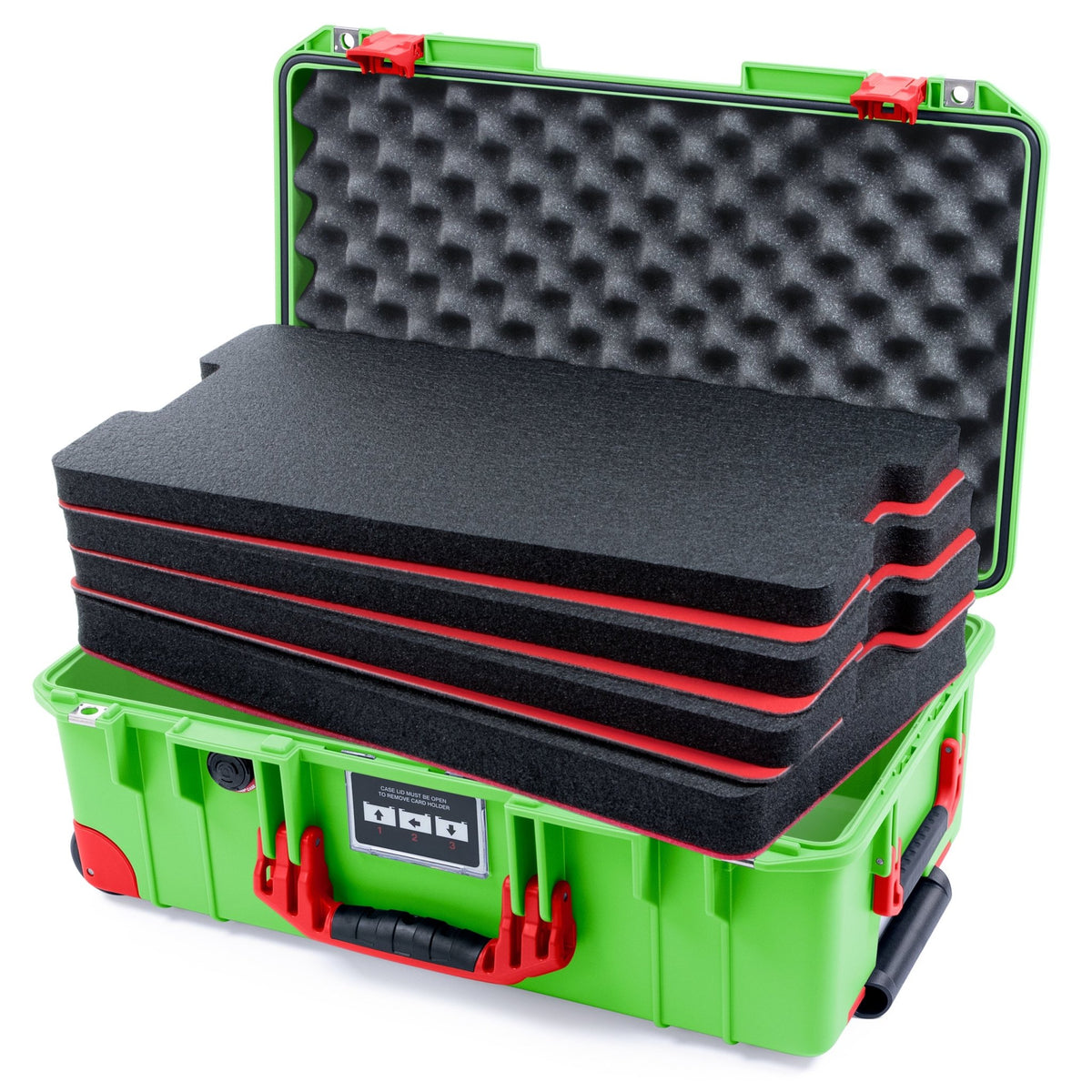 Pelican 1535 Air Carry - on Case - Lime Green & Red Trolley - DIY Tool Foam Kit / Convoluted Lid Foam