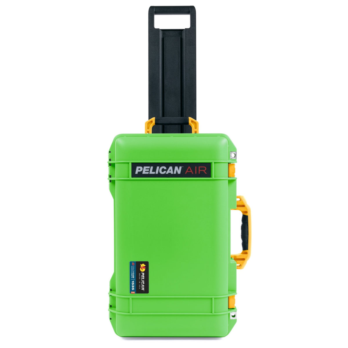 Pelican 1535 Air Carry-on - Lime Green Case with Yellow Trolley - Front View Upright