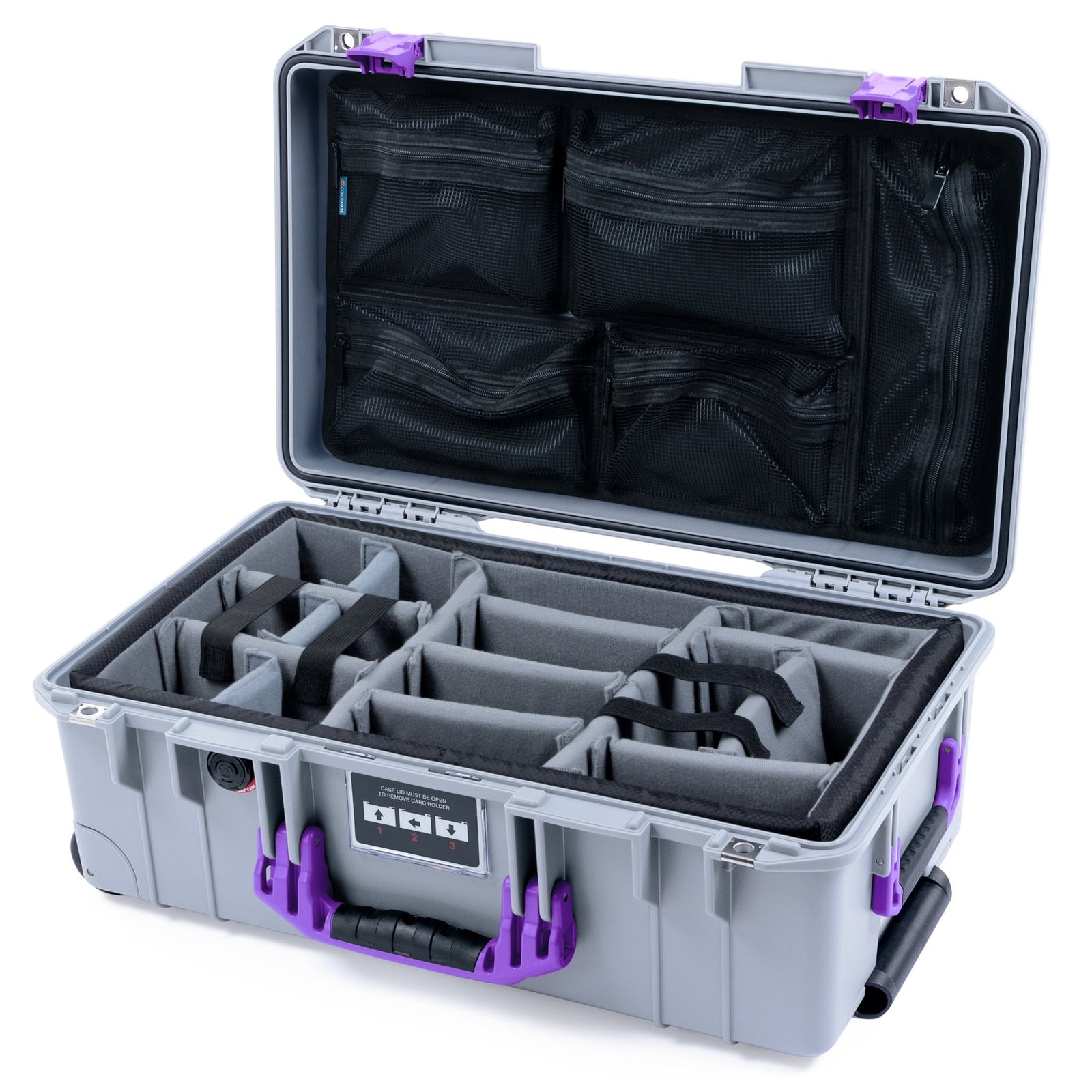 Pelican 1535 Air Carry - on Case - Silver & Purple - Padded Microfiber Dividers / Mesh Lid Organizer