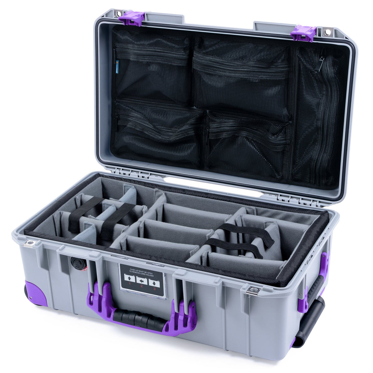 Pelican 1535 Air Carry - on Case - Silver & Purple Trolley - Padded Microfiber Dividers / Mesh Lid Organizer