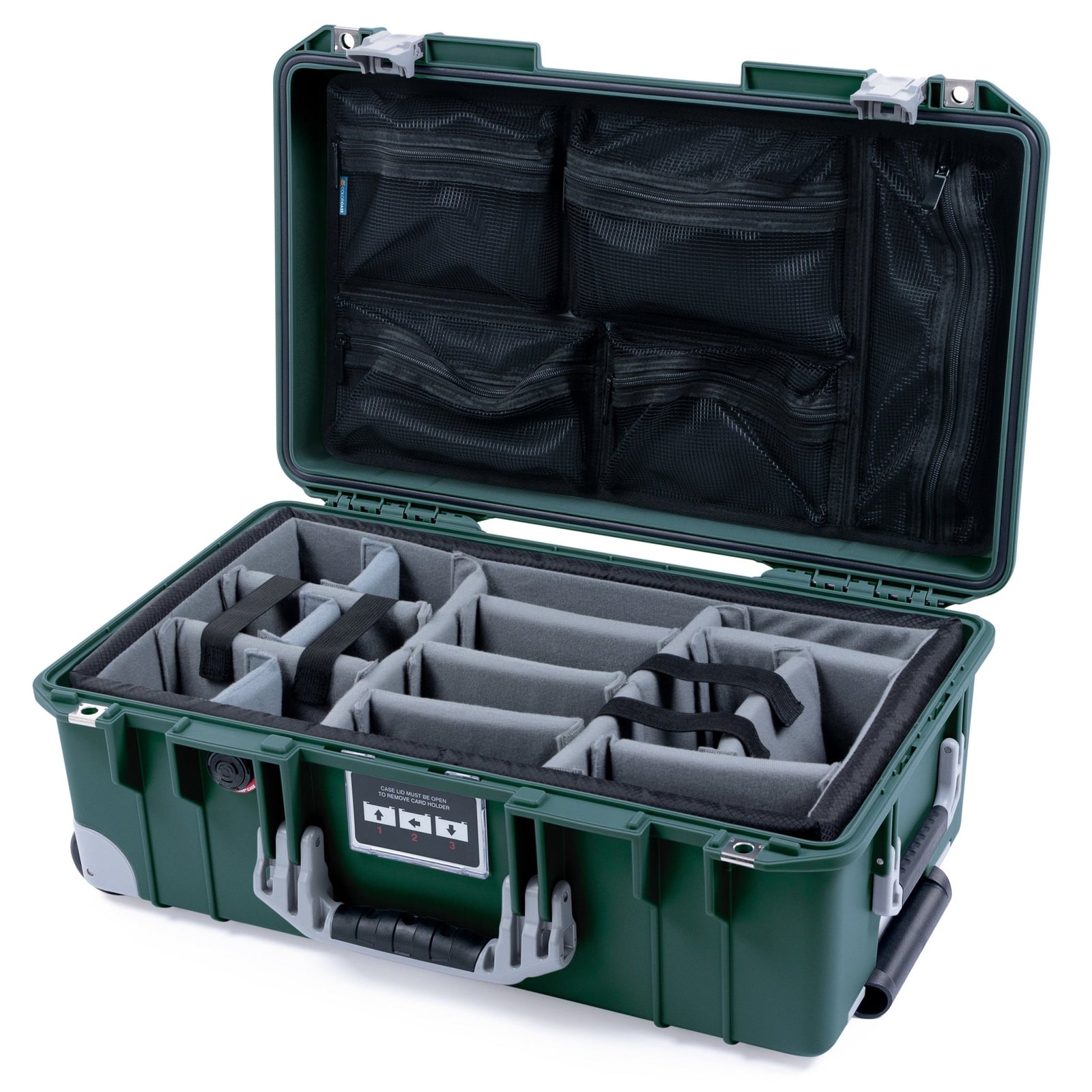 Pelican 1535 Air Carry-on Case - Trekking Green & Silver Trolley - Padded Microfiber Dividers / Mesh Lid Organizer