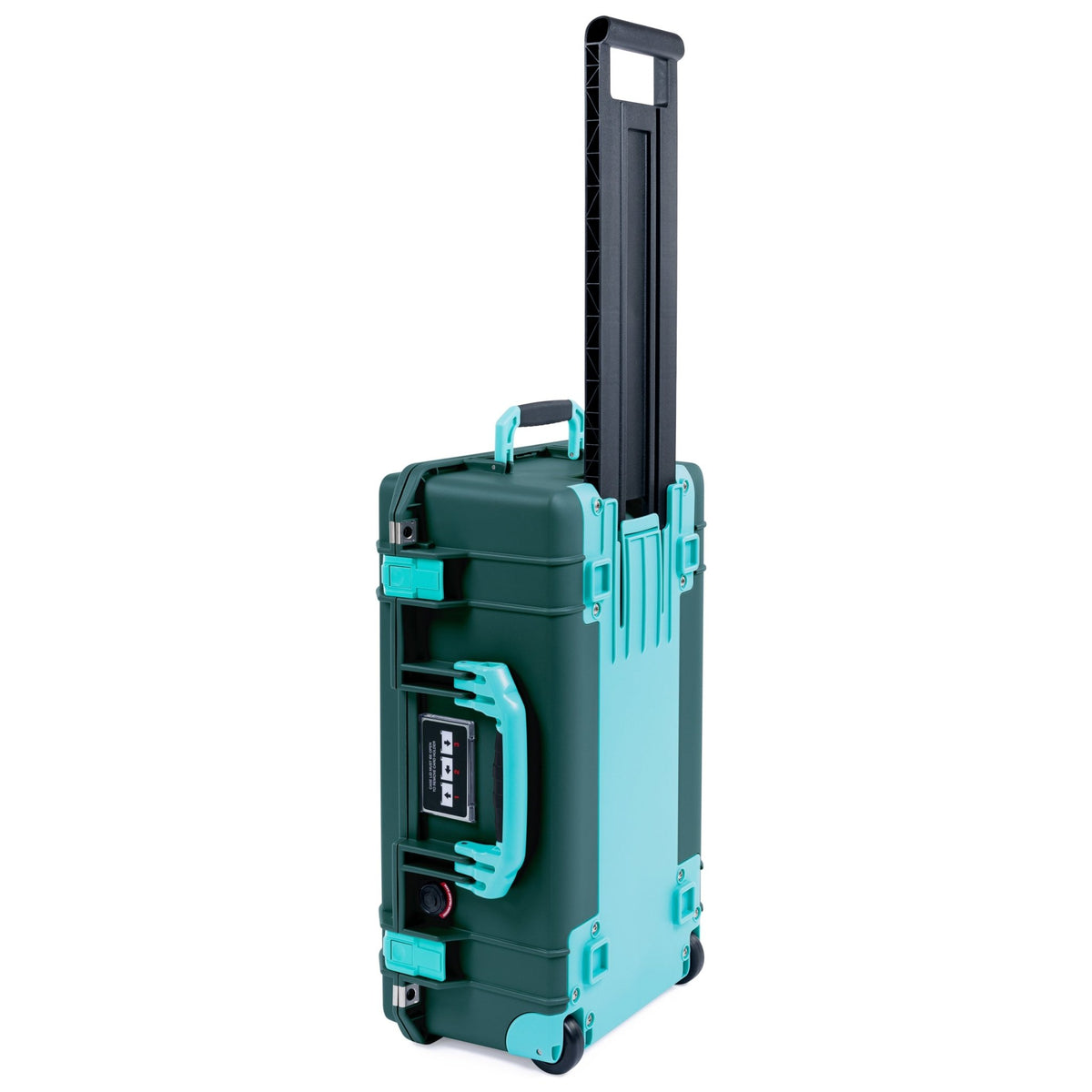 Pelican 1535 Air Carry-on Case in Trekking Green with Teal Handles, Latches, and Trolley - Upright Trolley Side View