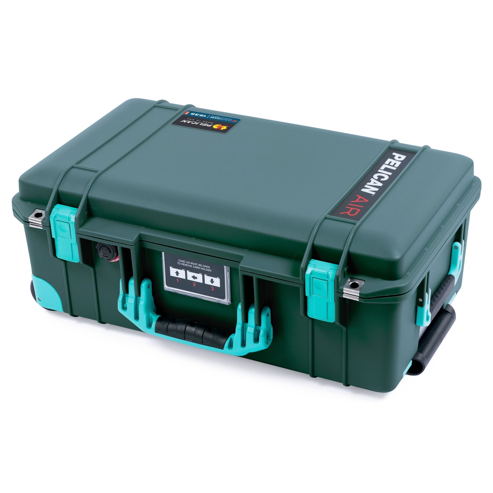 Pelican 1535 Air Carry-on Case in Trekking Green with Teal Handles, Latches, and Trolley
