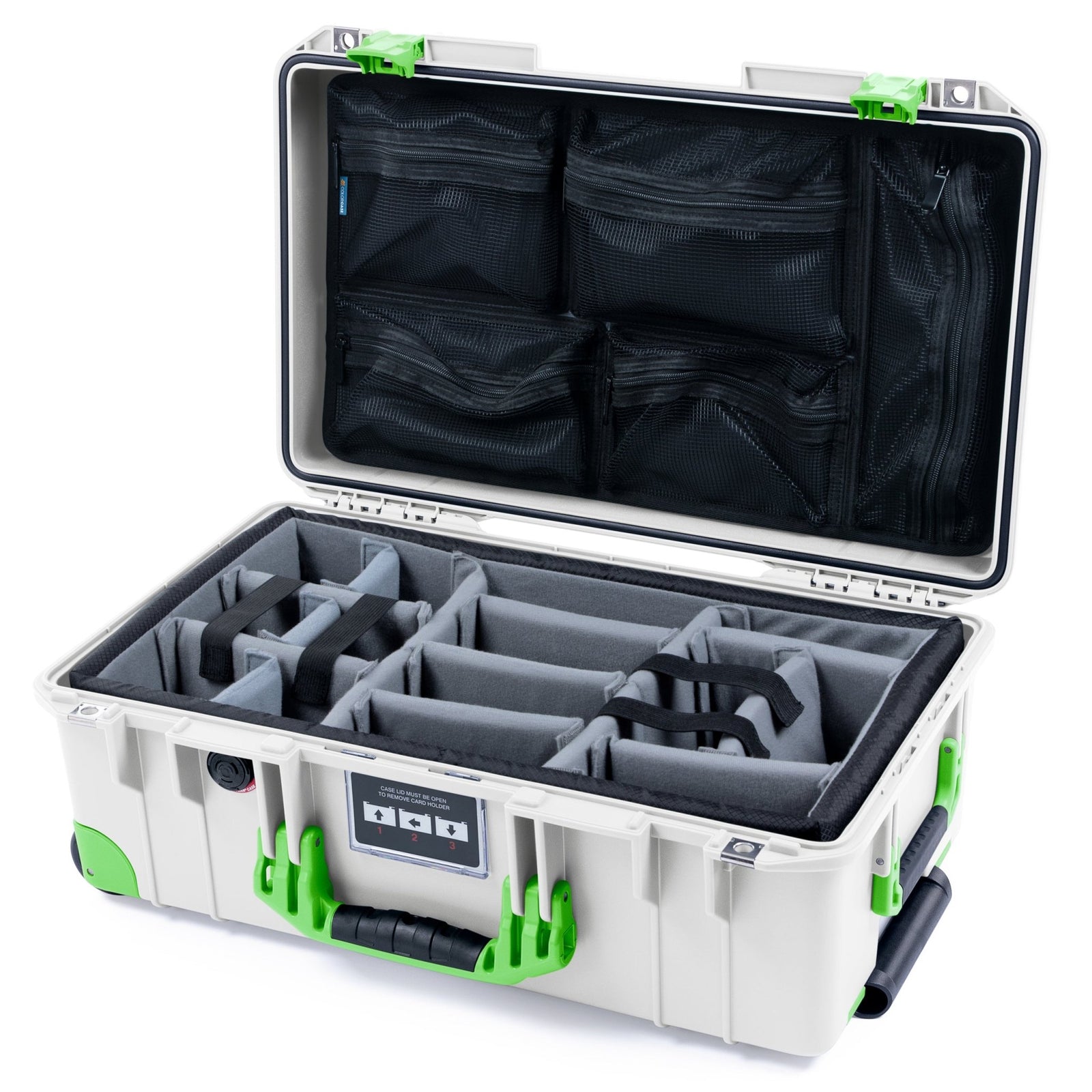Pelican 1535 Air Carry - on Case - Whiteout & Lime Green Trolley - Padded Microfiber Dividers / Mesh Lid Organizer