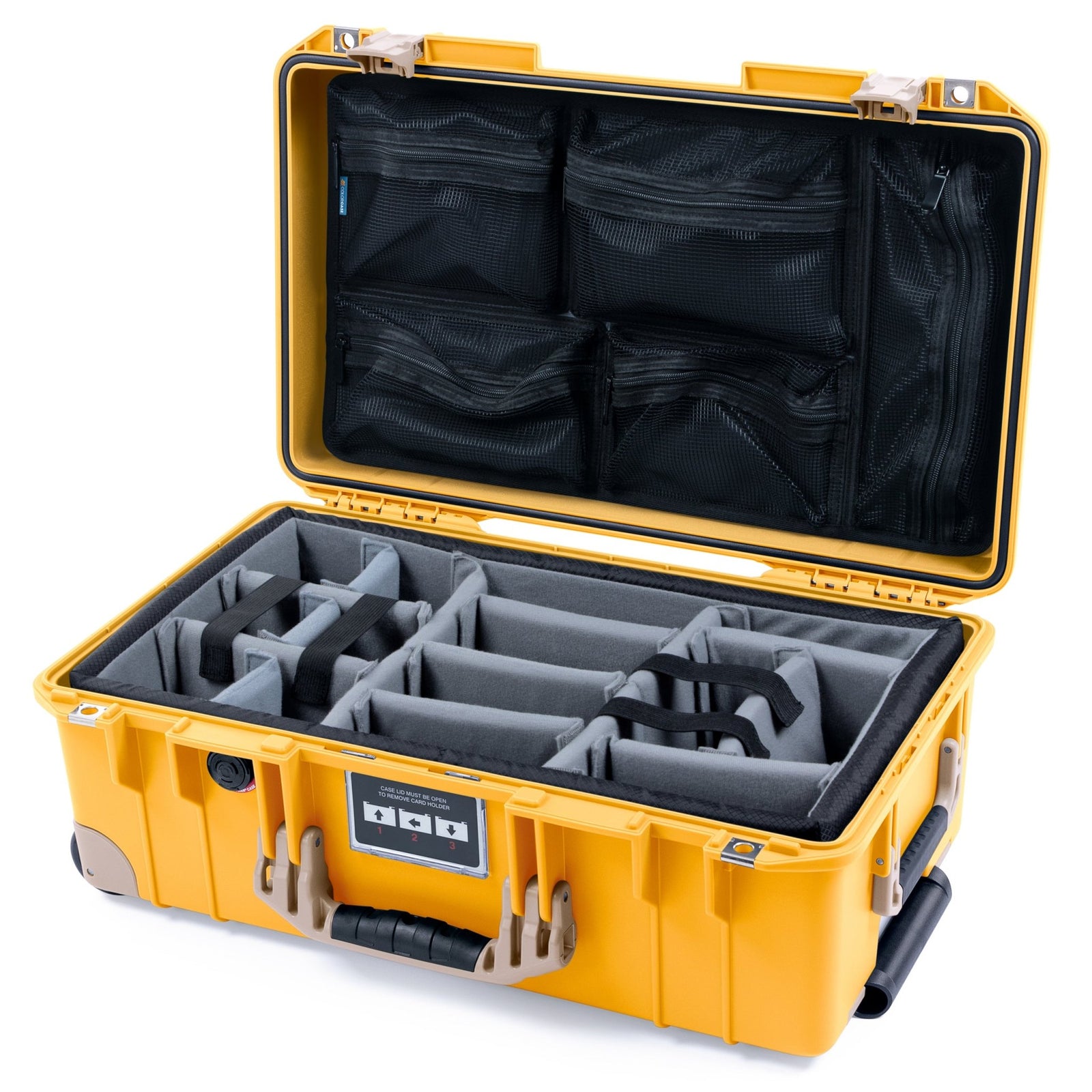 Pelican 1535 Air Carry - on Case - Yellow & Desert Tan Trolley - Padded Microfiber Dividers / Mesh Lid Organizer