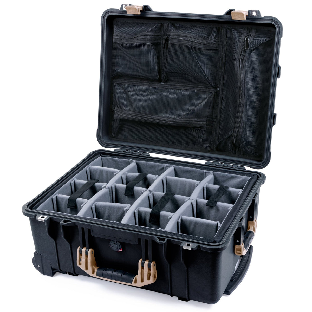 Pelican 1560 Case - Black & Desert Tan - Padded Microfiber Dividers / Mesh Lid Organizer