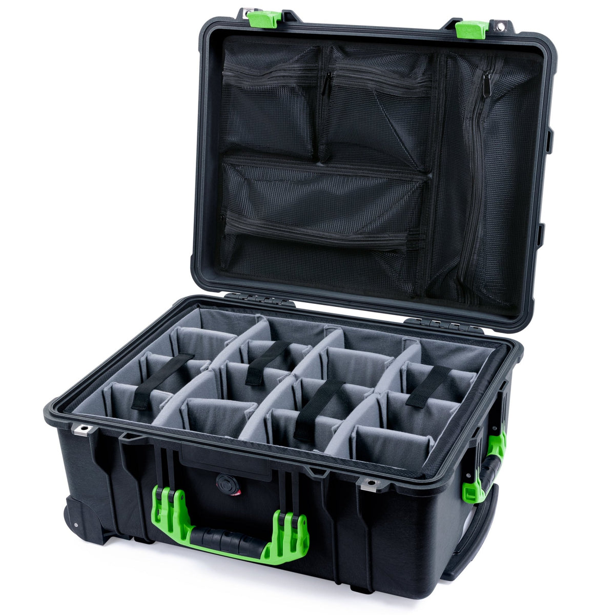 Pelican 1560 Case - Black & Lime Green - Padded Microfiber Dividers / Mesh Lid Organizer