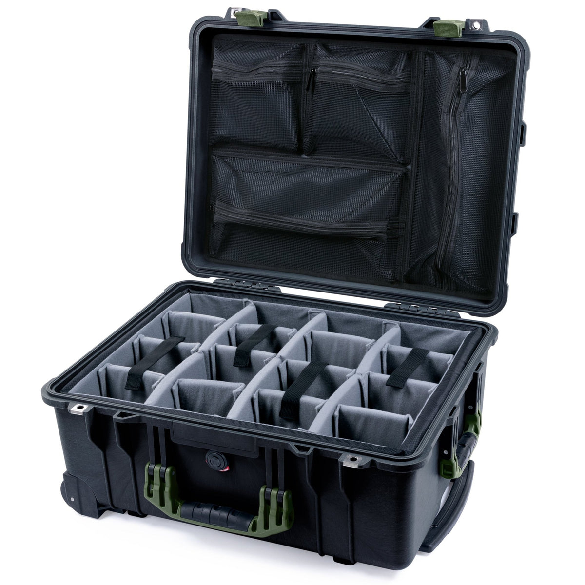 Pelican 1560 Case - Black &amp; OD Green - Padded Microfiber Dividers / Mesh Lid Organizer