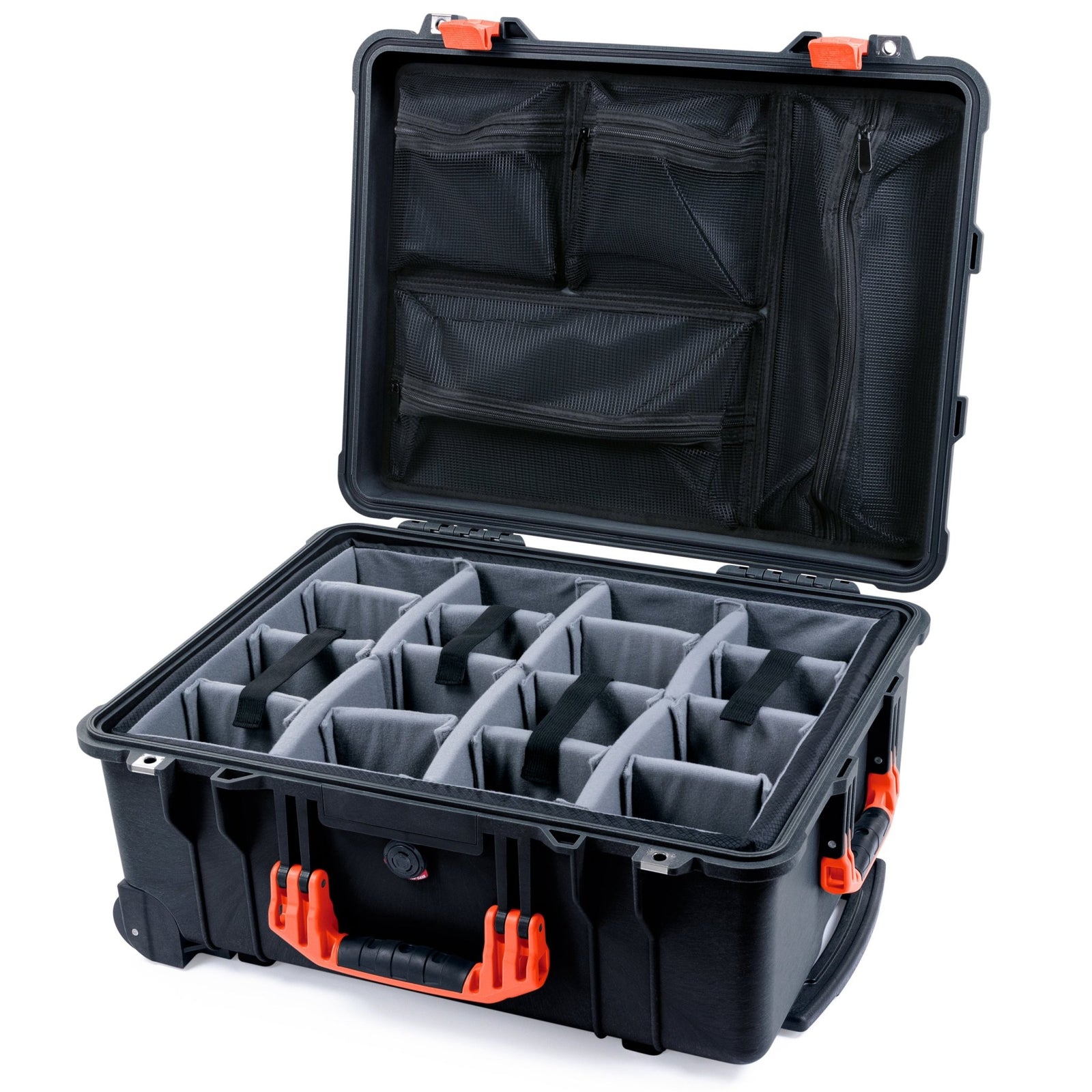 Pelican 1560 Case - Black & Orange - Padded Microfiber Dividers / Mesh Lid Organizer