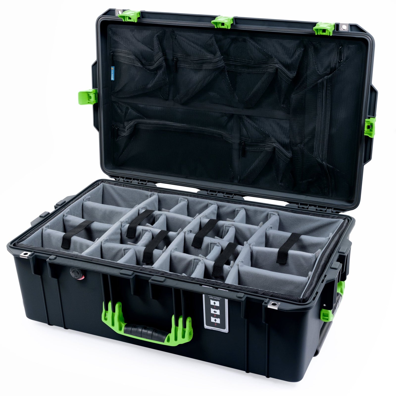 Pelican 1595 Air Case - Black & Lime Green Trolley - Padded Microfiber Dividers / Mesh Lid Organizer