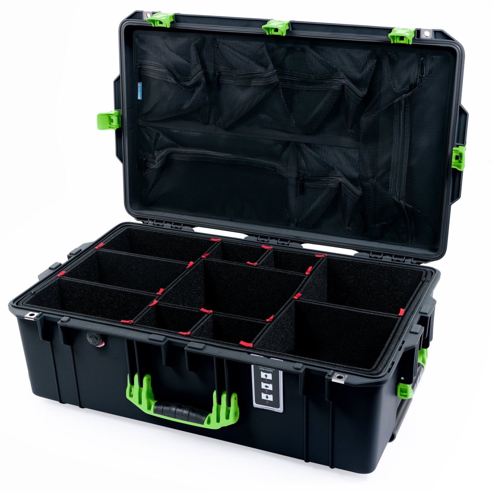 Pelican 1595 Air Case - Black & Lime Green Trolley - TrekPak Divider System / Mesh Lid Organizer