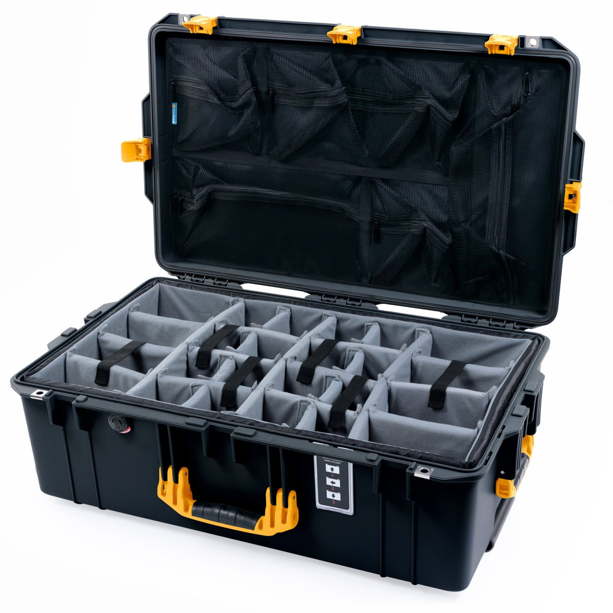 Pelican 1595 Air Case - Black & Yellow Trolley - Padded Microfiber Dividers / Mesh Lid Organizer