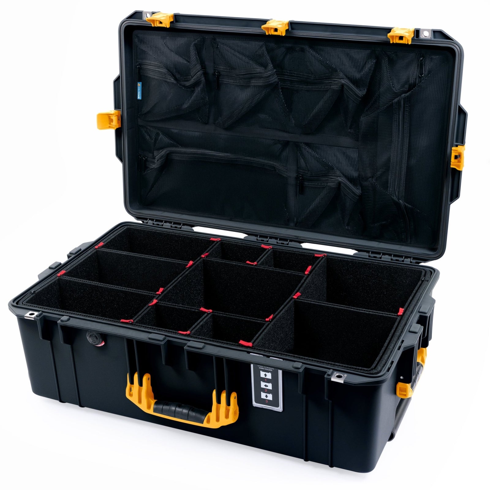 Pelican 1595 Air Case - Black & Yellow Trolley - TrekPak Divider System / Mesh Lid Organizer