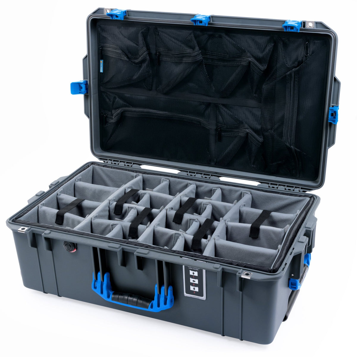 Pelican 1595 Air Case - Charcoal &amp; Blue Trolley - Padded Microfiber Dividers / Mesh Lid Organizer