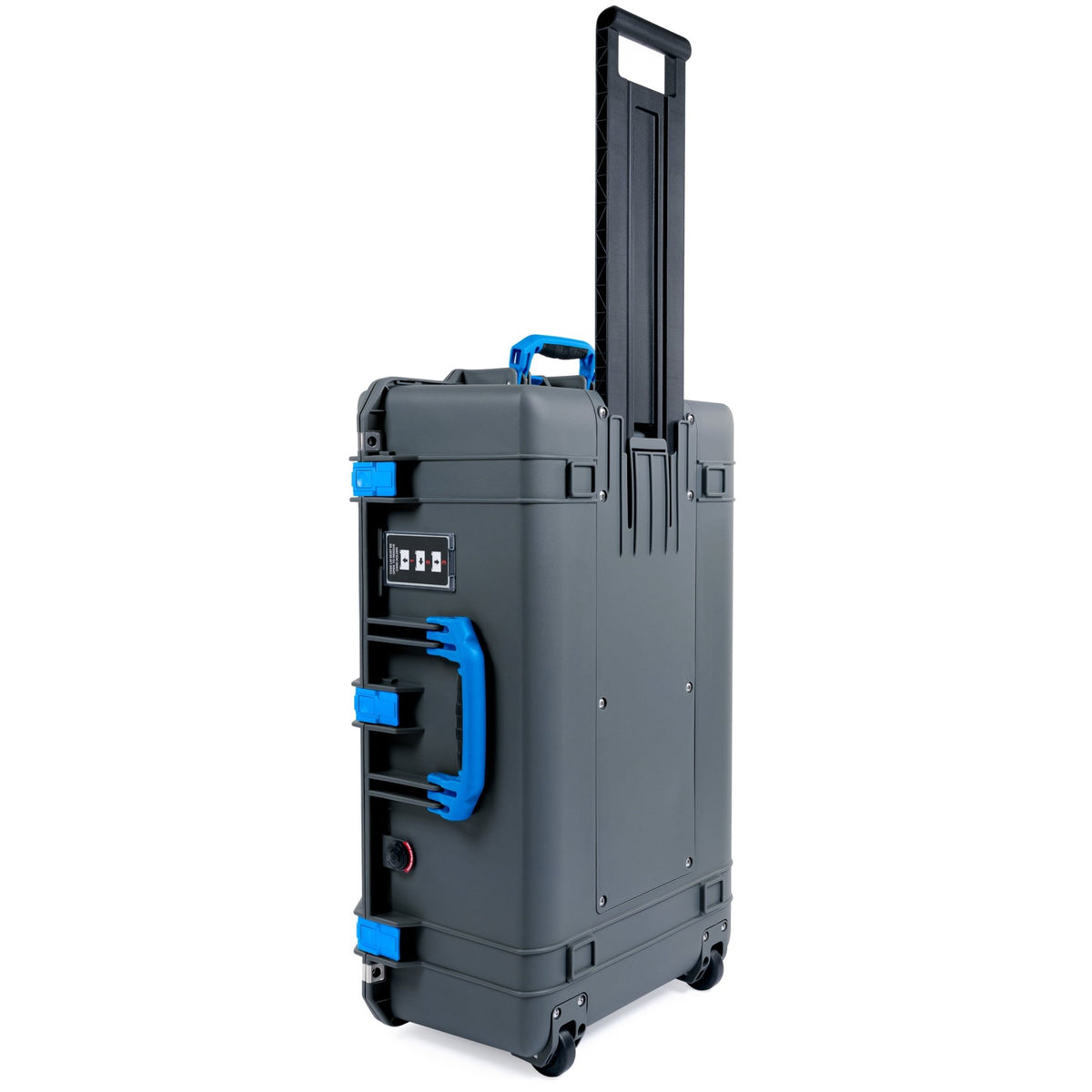 Pelican 1595 Air Case - Charcoal with Blue Handle &amp; Latches - Upright Trolley View