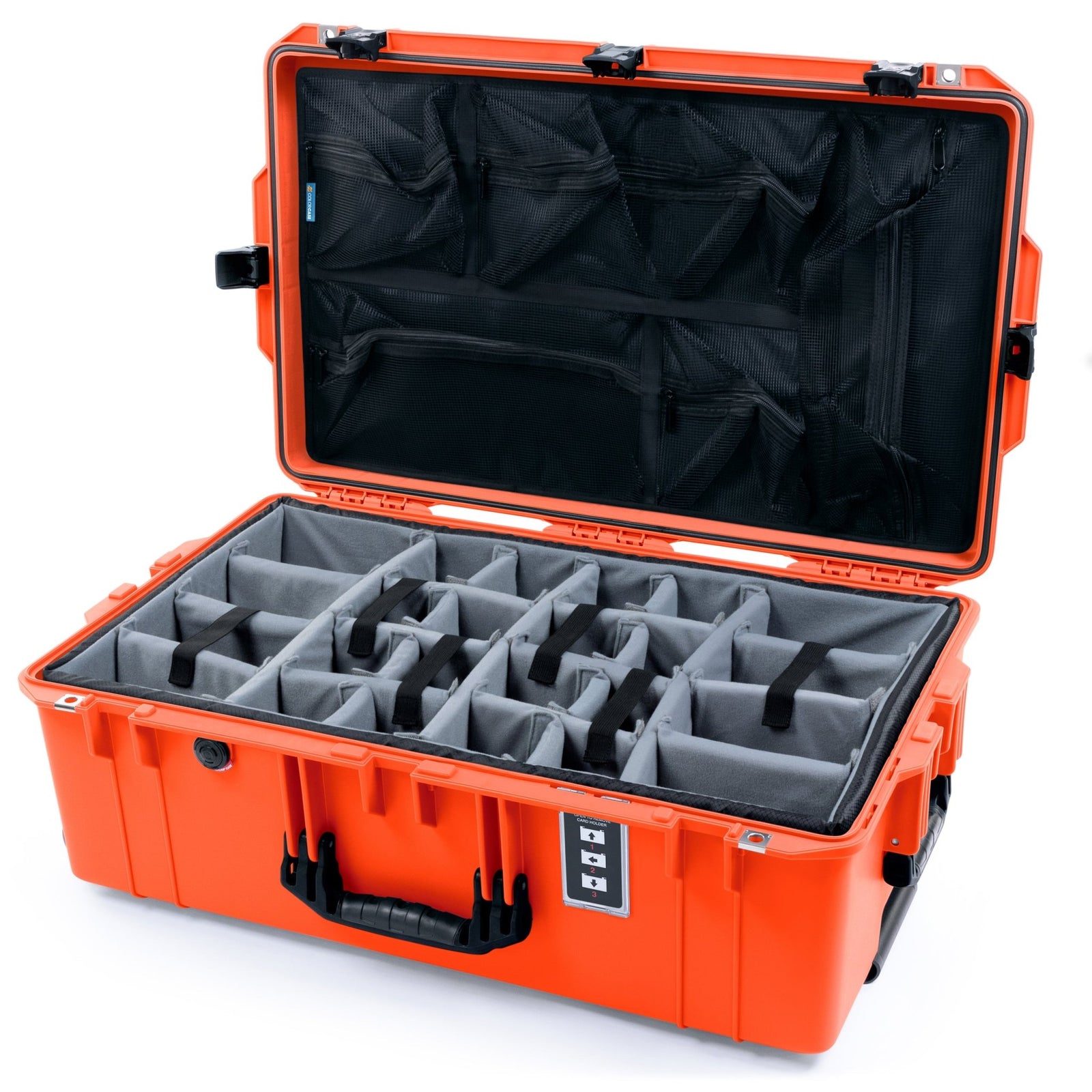 Pelican 1595 Air Case - Orange & Black TSA Latches + Trolley - Padded Microfiber Dividers / Mesh Lid Organizer