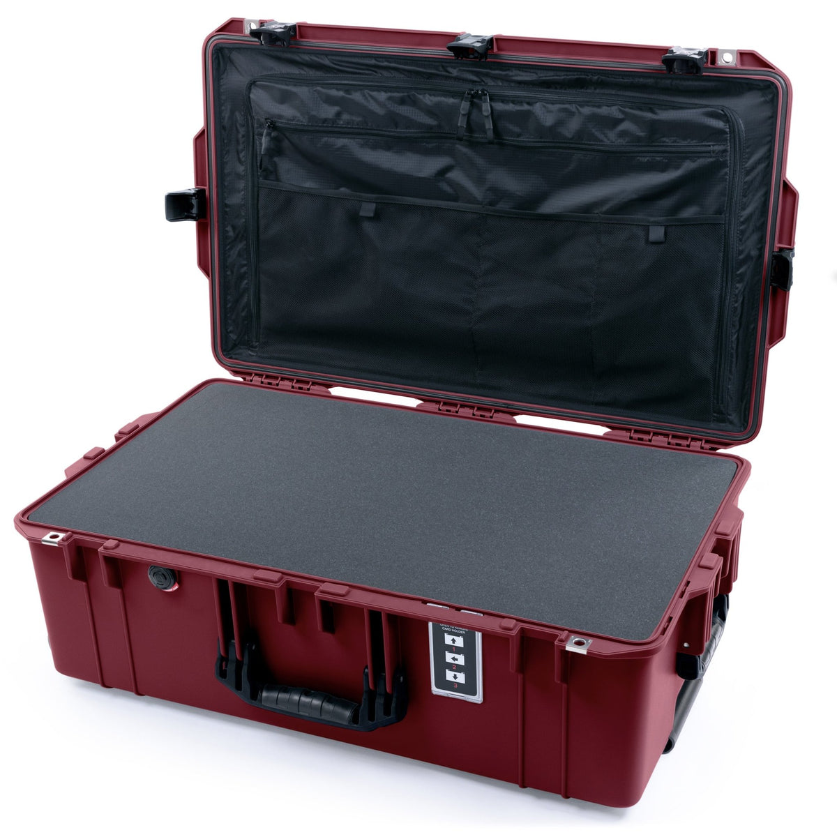 Pelican 1595 Air Case - Oxblood &amp; Black TSA Latches + Trolley - Pick &amp; Pluck Foam / TRVL Lid Organizer
