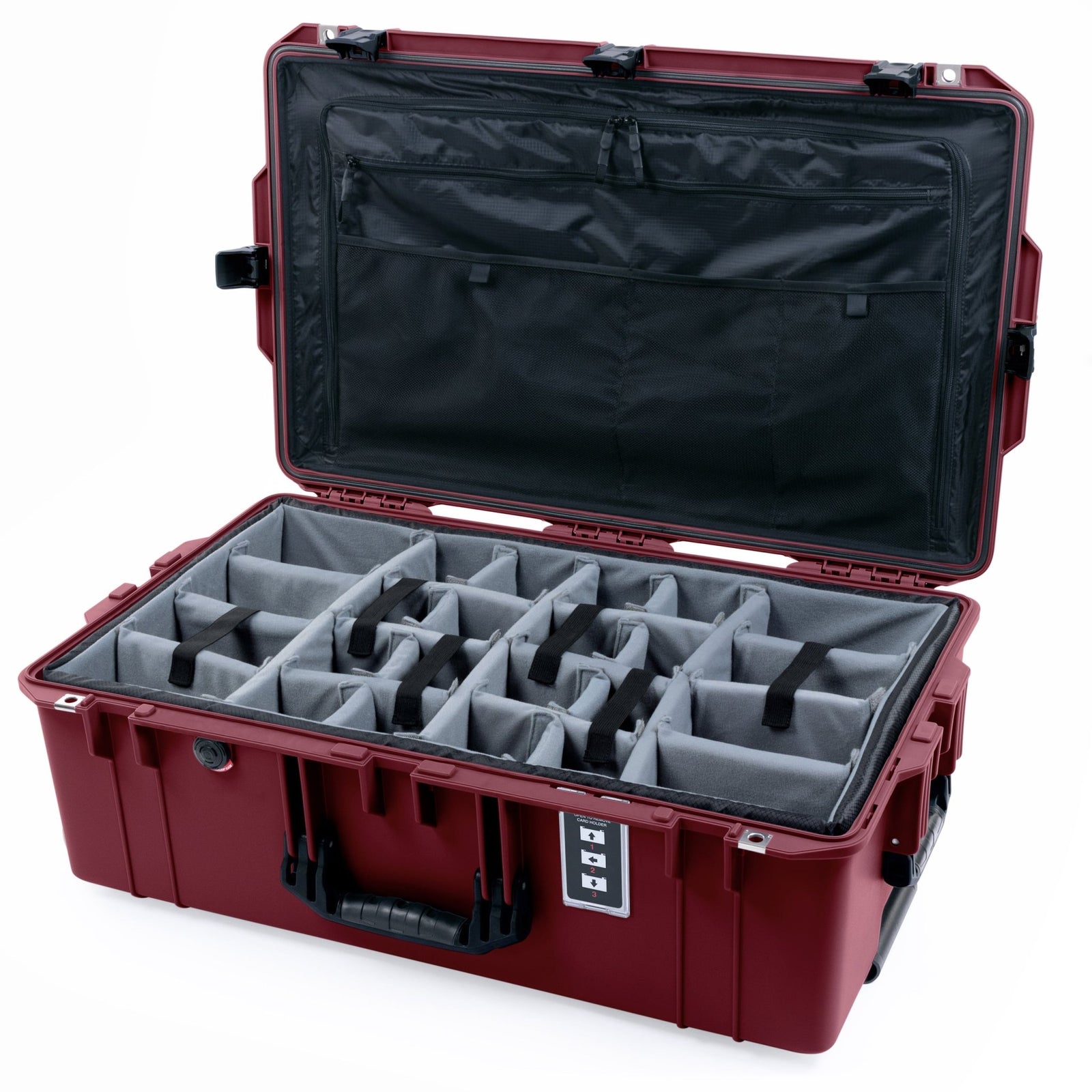 Pelican 1595 Air Case - Oxblood & Black Trolley - Padded Microfiber Dividers / TRVL Lid Organizer