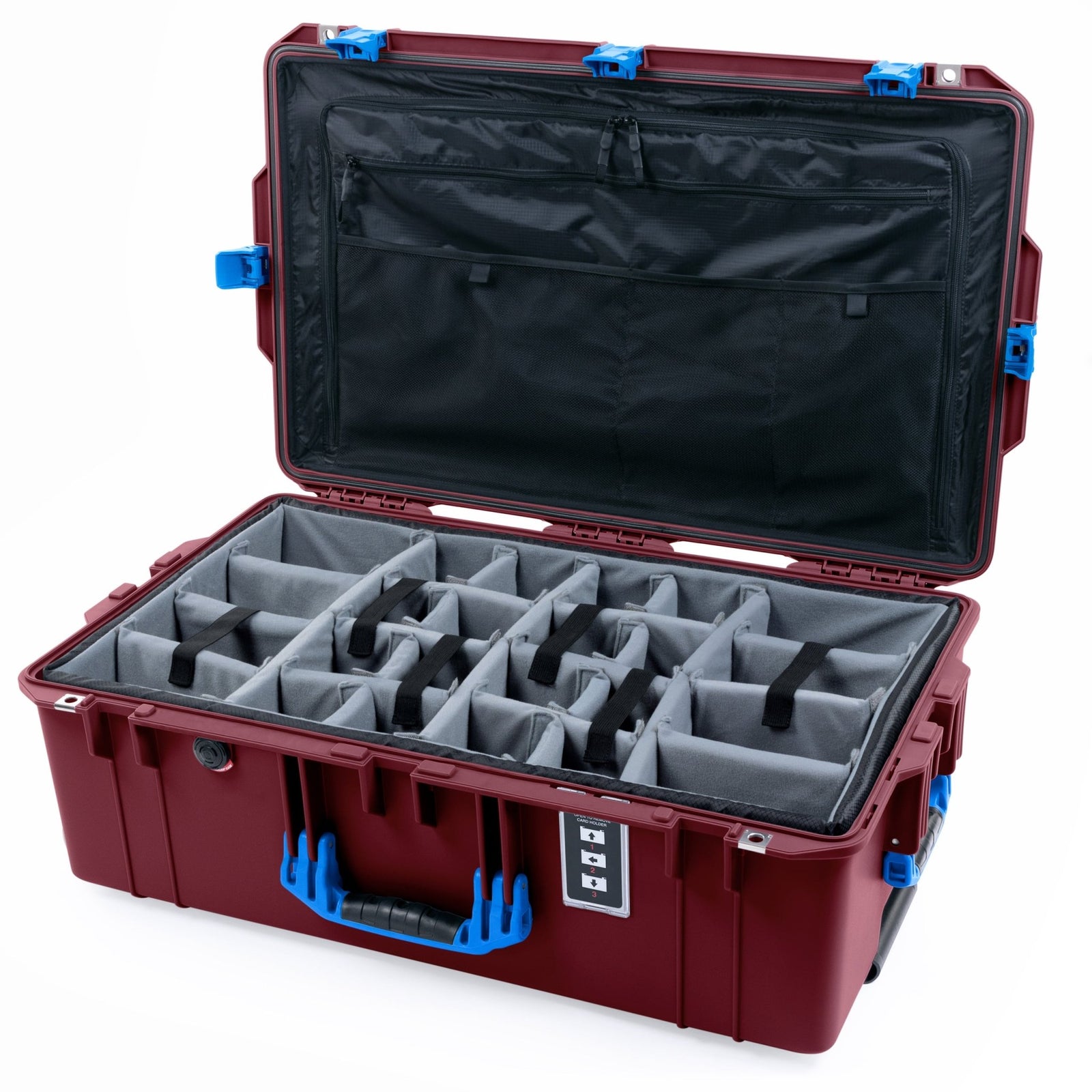 Pelican 1595 Air Case - Oxblood & Blue Trolley - Padded Microfiber Dividers / TRVL Lid Organizer
