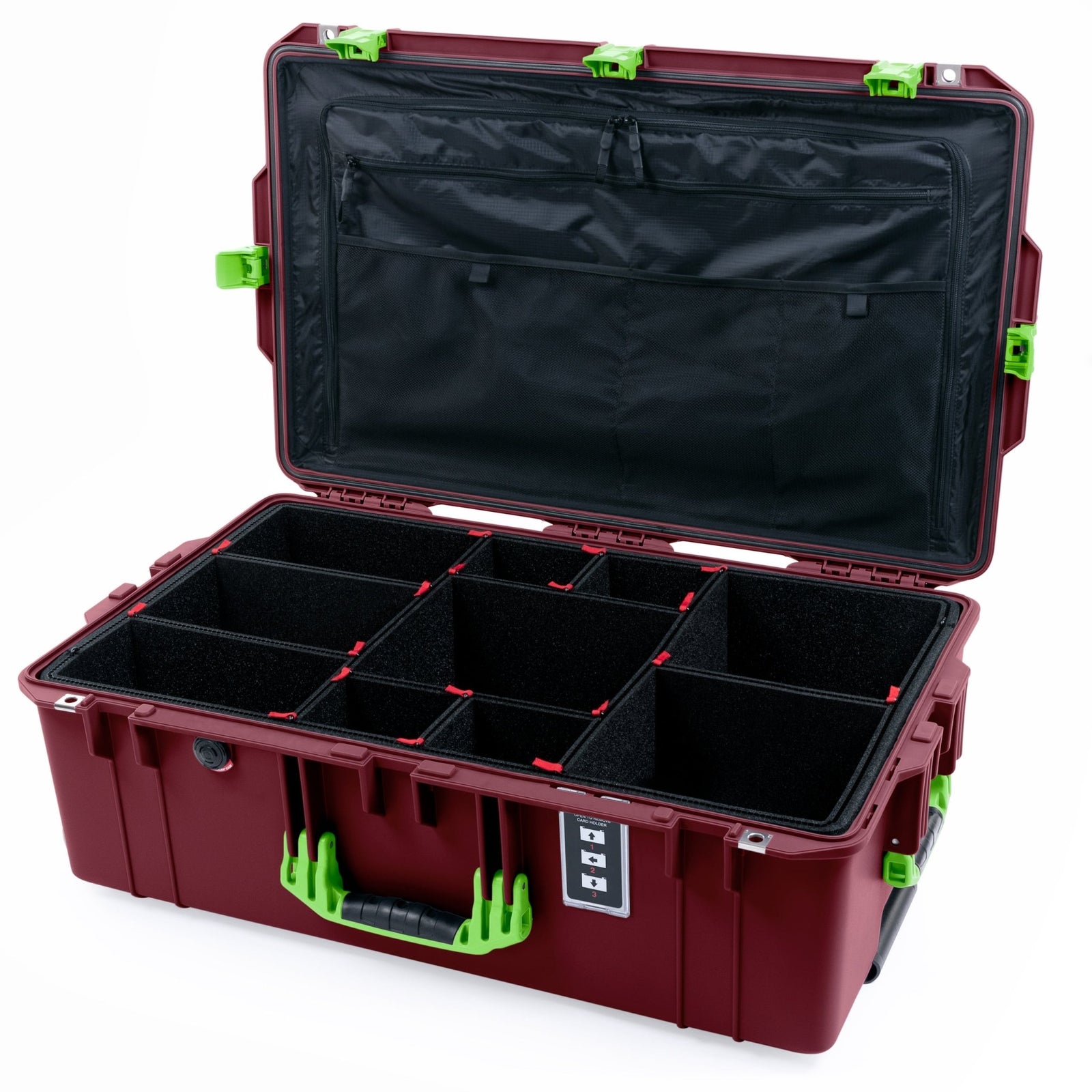 Pelican 1595 Air Case - Oxblood & Lime Green - TrekPak Divider System / TRVL Lid Organizer