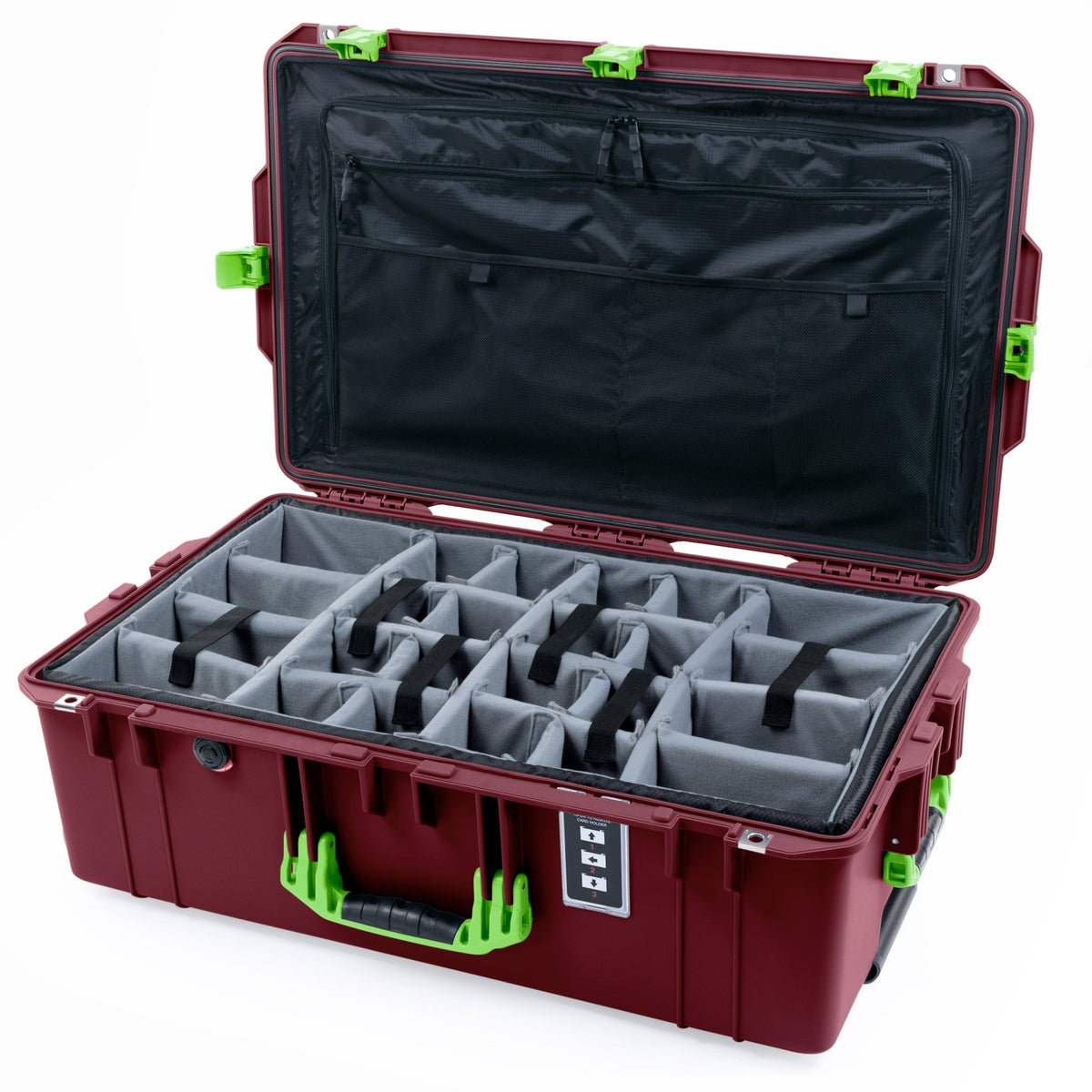 Pelican 1595 Air Case - Oxblood &amp; Lime Green Trolley - Padded Microfiber Dividers / TRVL Lid Organizer
