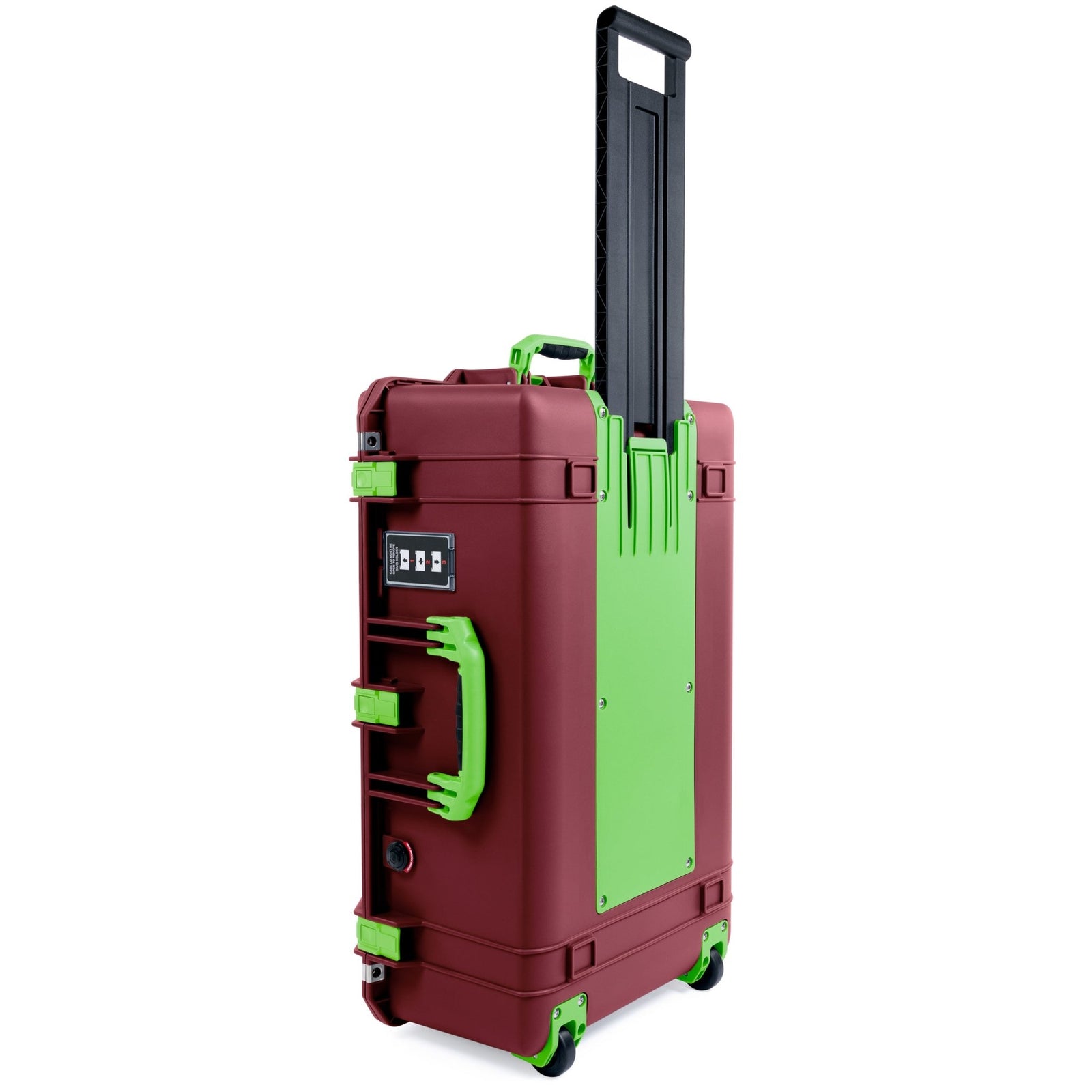 Pelican 1595 Air Case - Oxblood & Lime Green Trolley - Pick & Pluck Foam / TRVL Lid Organizer