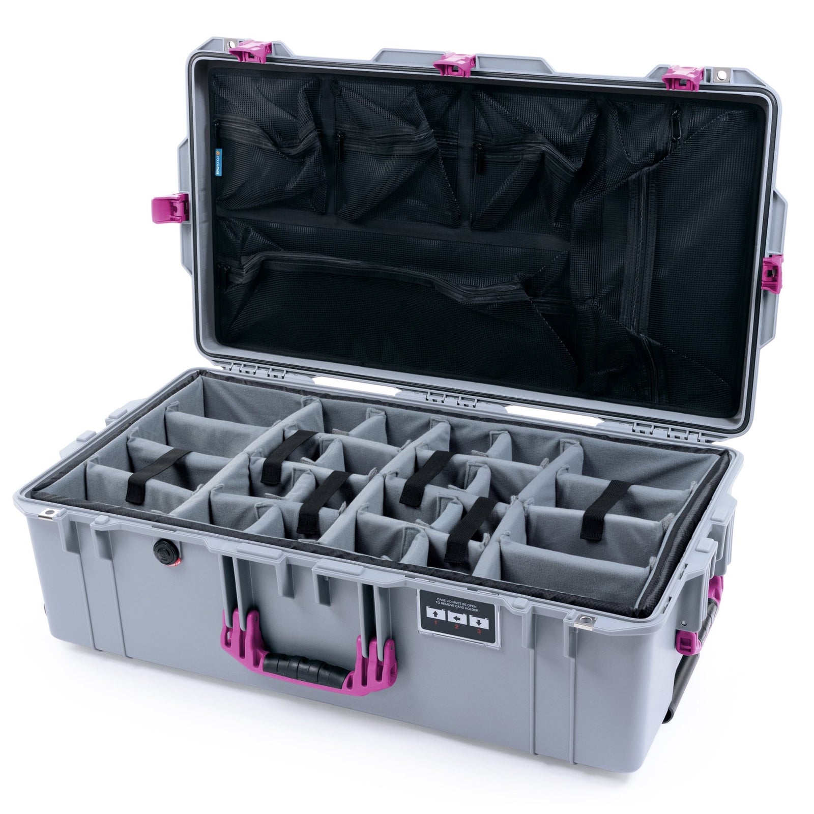 Pelican 1595 Air Case - Silver & Magenta Trolley - Padded Microfiber Dividers / Mesh Lid Organizer