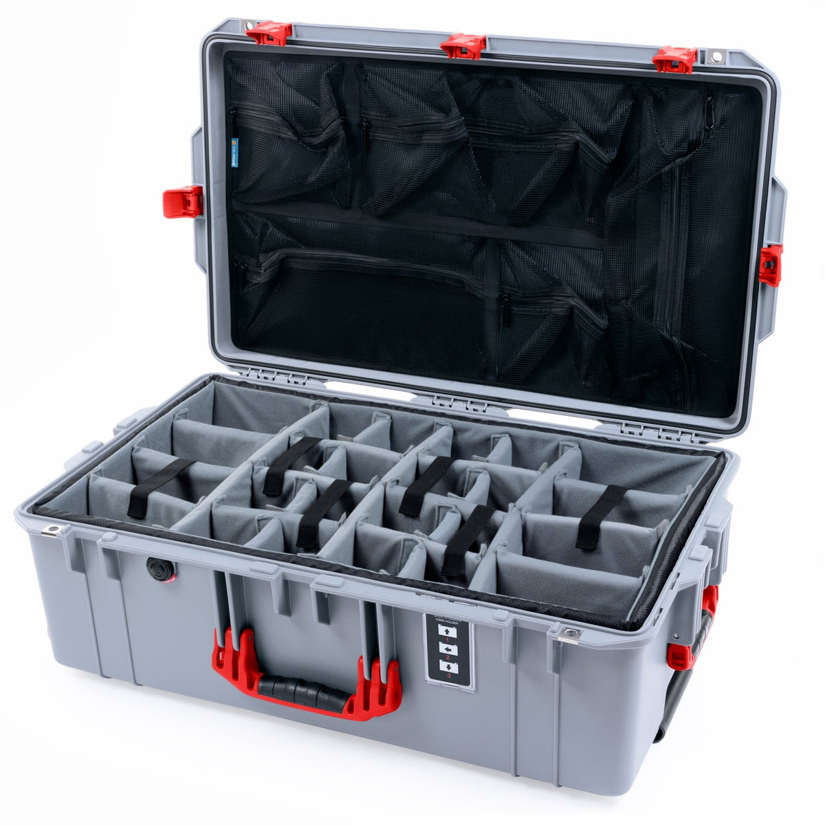 Pelican 1595 Air Case - Silver & Red Trolley - Padded Microfiber Dividers / Mesh Lid Organizer