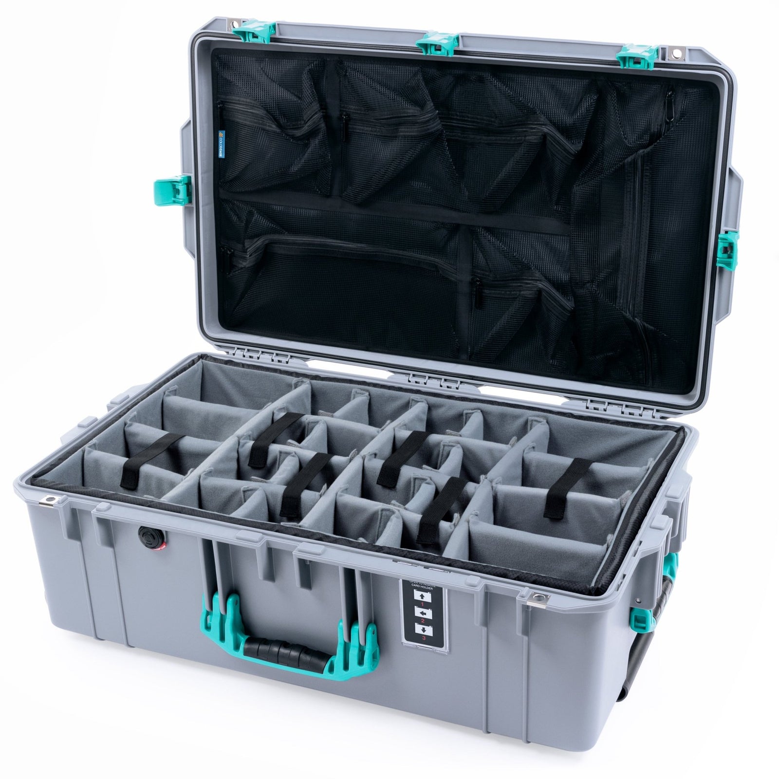 Pelican 1595 Air Case - Silver & Teal Trolley - Padded Microfiber Dividers / Mesh Lid Organizer
