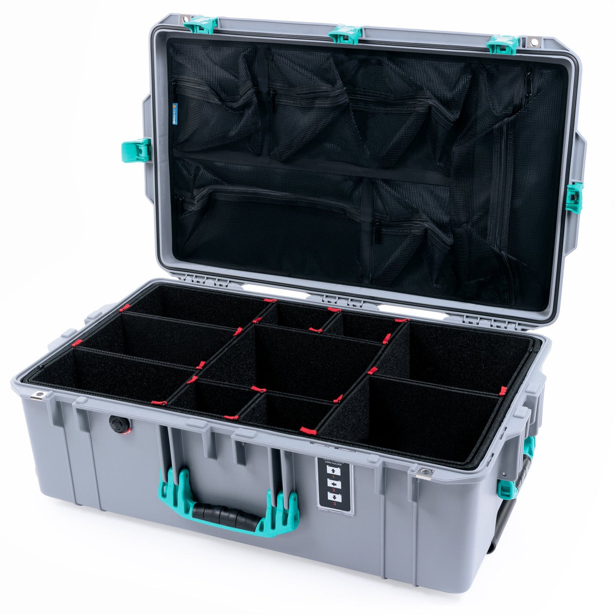 Pelican 1595 Air Case - Silver & Teal Trolley - TrekPak Divider System / Mesh Lid Organizer