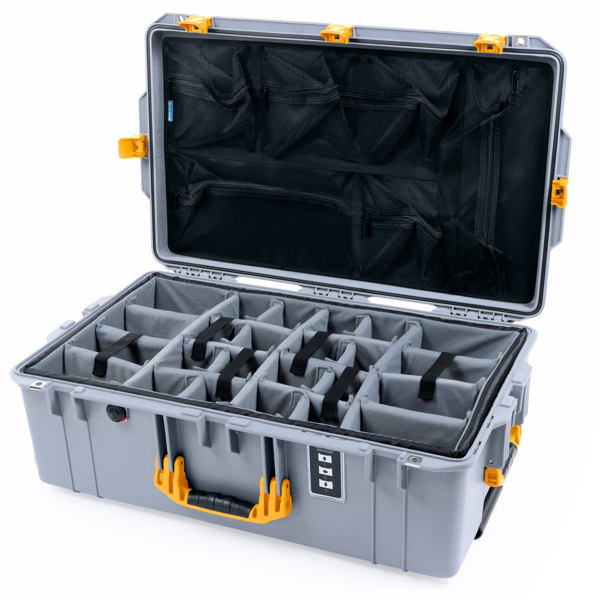 Pelican 1595 Air Case - Silver & Yellow Trolley - Padded Microfiber Dividers / Mesh Lid Organizer