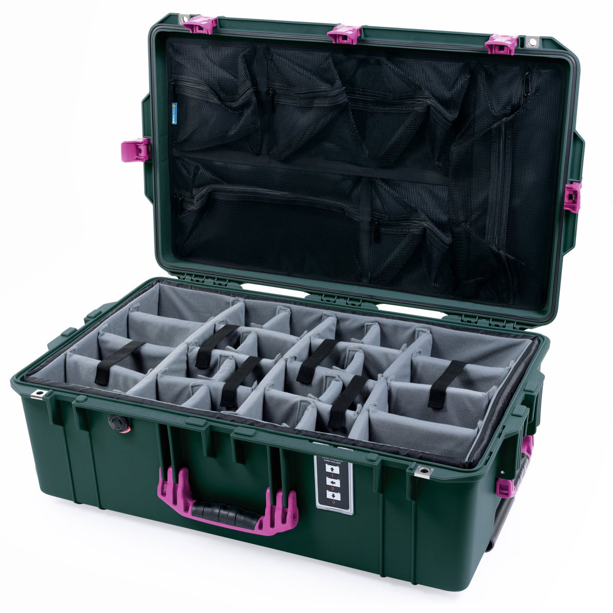 Pelican 1595 Air Case - Trekking Green & Magenta Trolley - Padded Microfiber Dividers / Mesh Lid Organizer