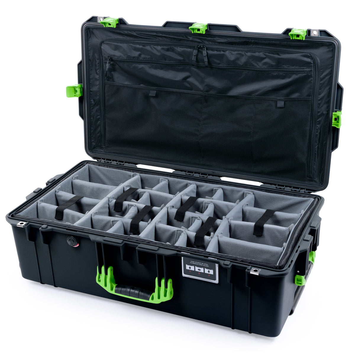 Pelican 1615 Air Case - Black &amp; Lime Green Padded Microfiber Dividers / TRVL Lid Organizer ColorCase 016150-0370-110-301