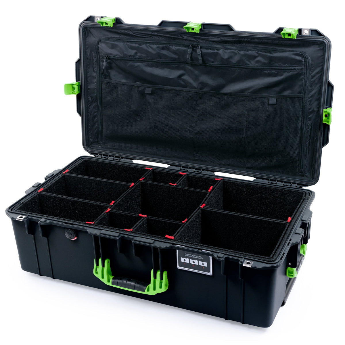 Pelican 1615 Air Case - Black &amp; Lime Green Trolley TrekPak Divider System / TRVL Lid Organizer ColorCase 016150-0320-110-301-300