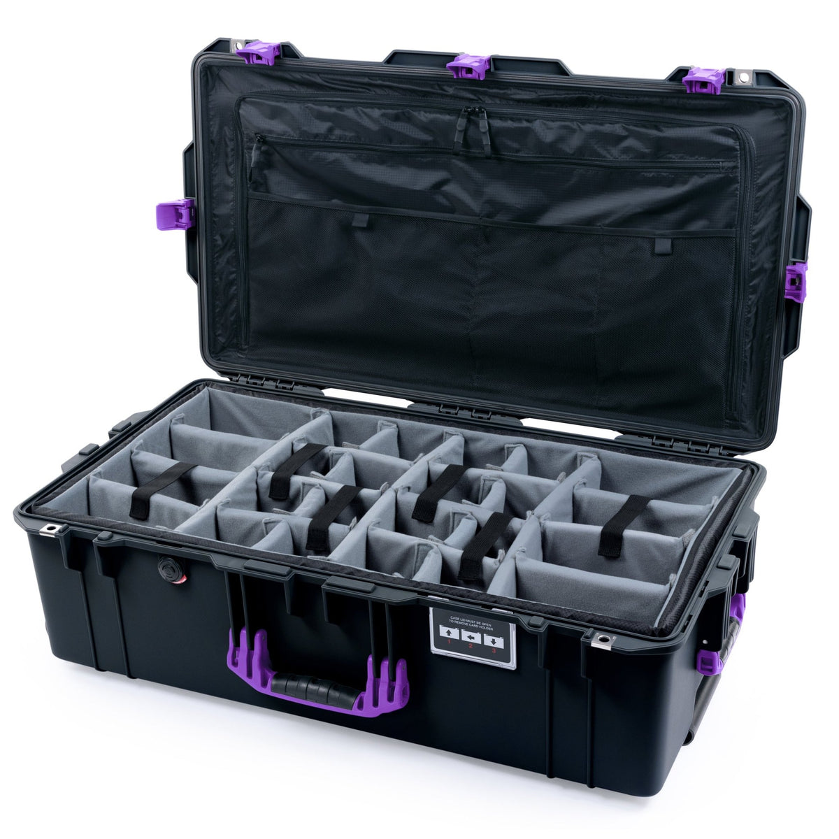Pelican 1615 Air Case - Black &amp; Purple Trolley - Padded Microfiber Dividers / TRVL Lid Organizer