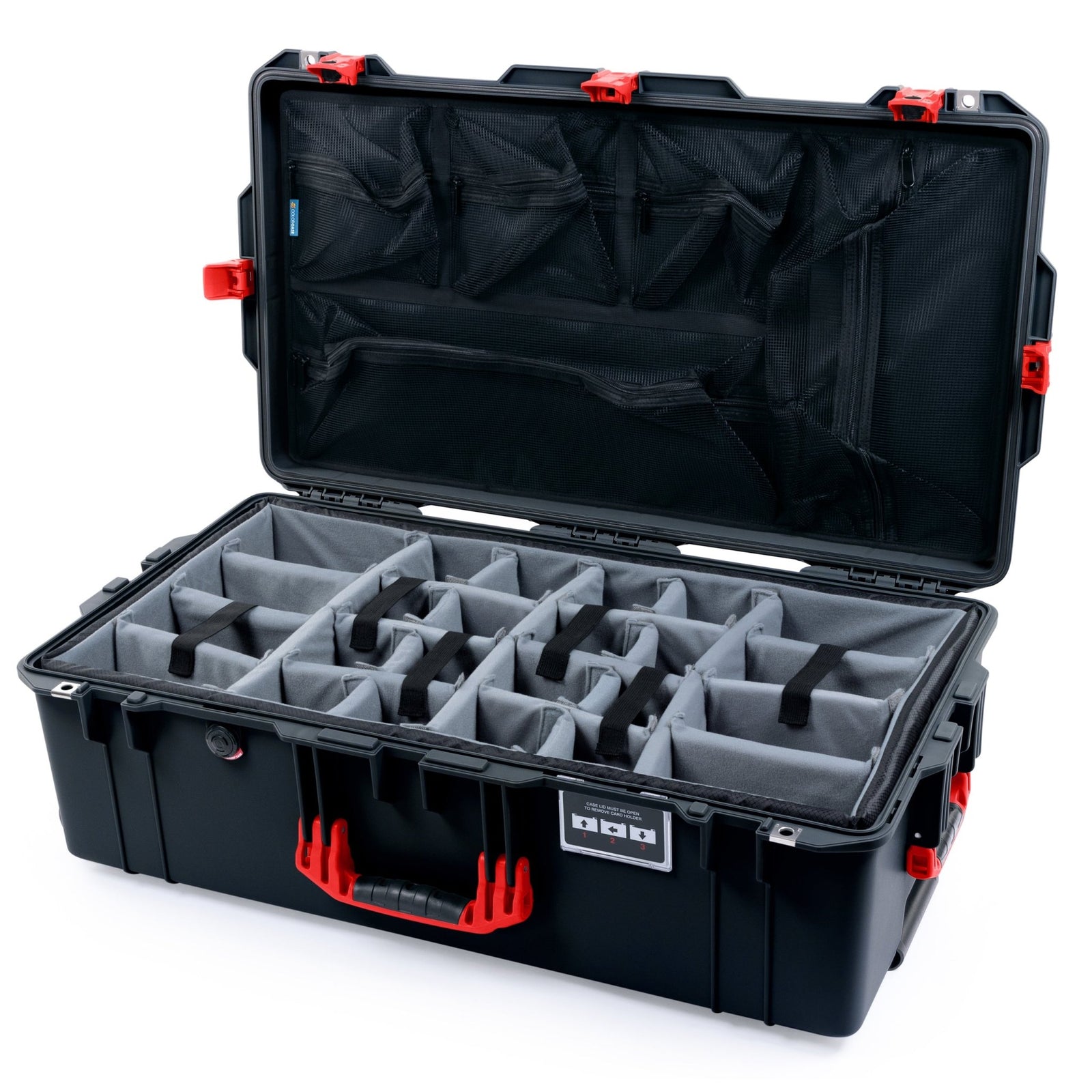 Pelican 1615 Air Case - Black & Red TSA Latches - Padded Microfiber Dividers / Mesh Lid Organizer