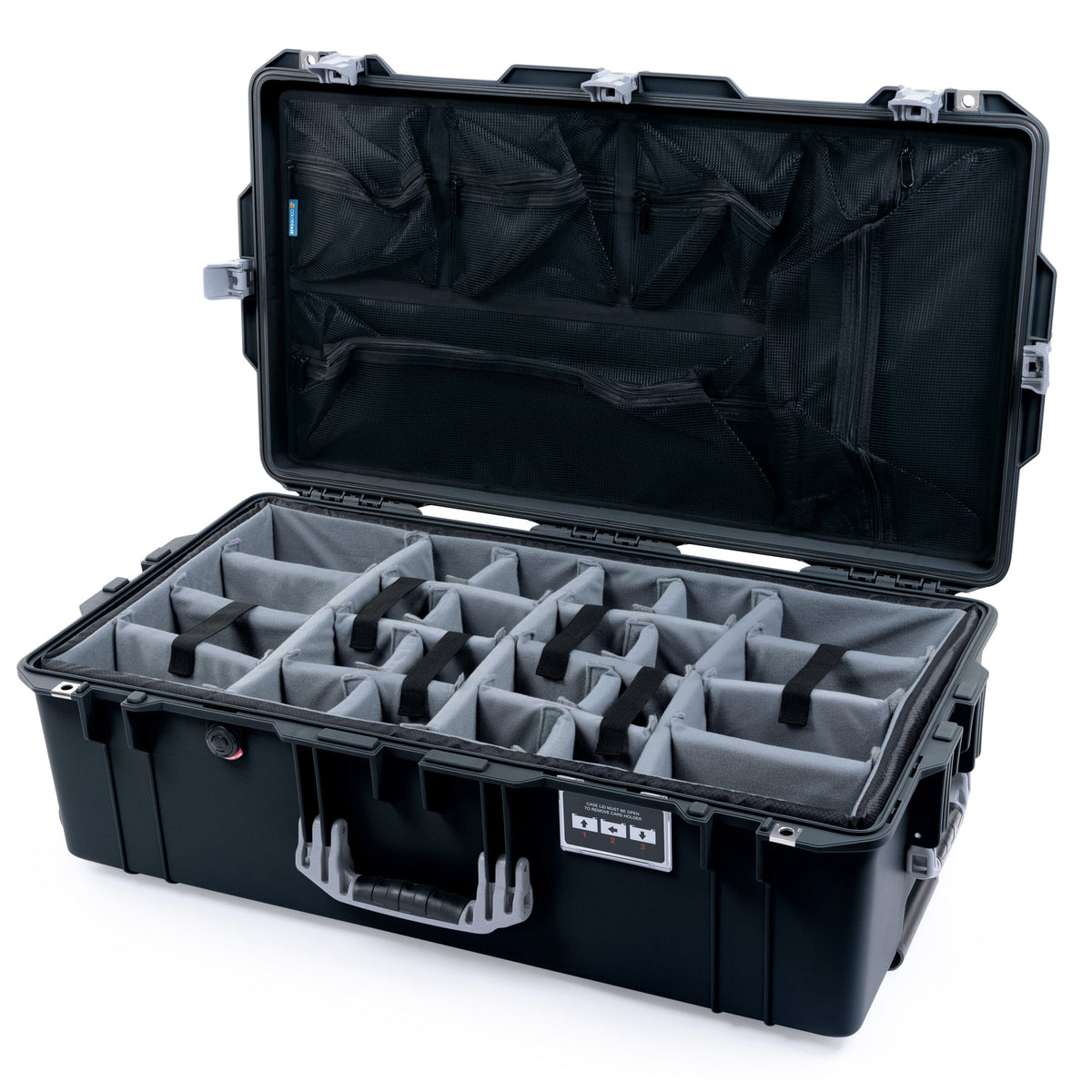 Pelican 1615 Air Case - Black &amp; Silver Trolley Padded Microfiber Dividers / Mesh Lid Organizer ColorCase 016150-0170-110-181-180