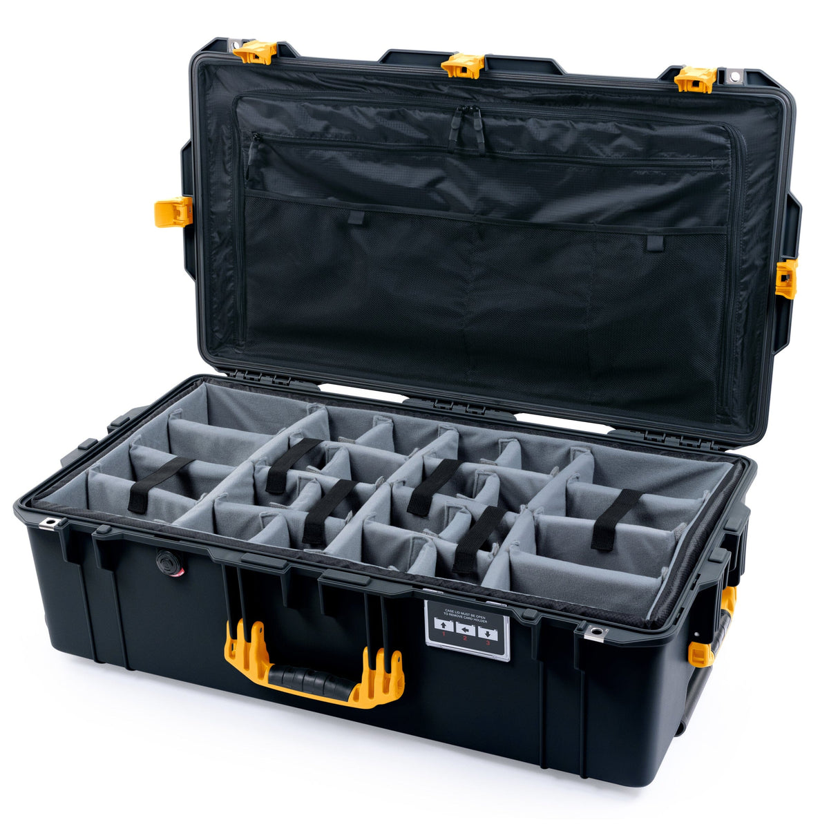 Pelican 1615 Air Case - Black &amp; Yellow Trolley Padded Microfiber Dividers / TRVL Lid Organizer ColorCase 016150-0370-110-241-240