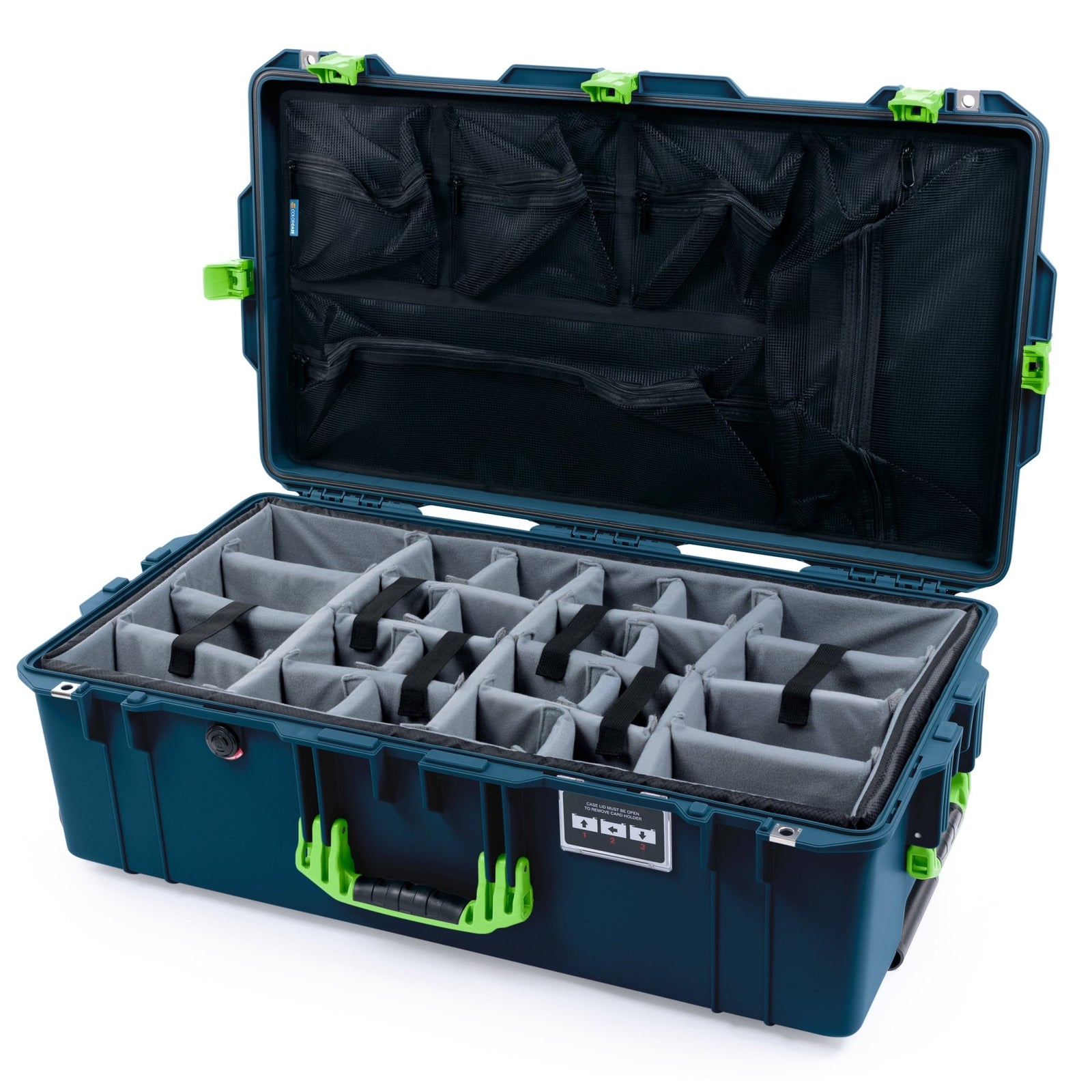 Pelican 1615 Air Case - Deep Pacific & Lime Green Trolley - Padded Microfiber Dividers / Mesh Lid Organizer