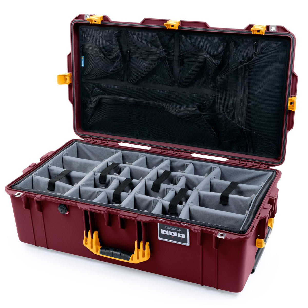 Pelican 1615 Air Case - Oxblood &amp; Yellow Trolley Gray Padded Microfiber Dividers with Mesh Lid Organizer ColorCase 016150-0170-510-241-240
