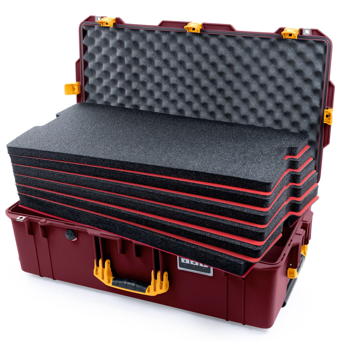 Pelican 1615 Air Case - Oxblood &amp; Yellow Trolley Custom Tool Kit (6 Foam Inserts with Convoluted Lid Foam) ColorCase 016150-0060-510-241-240