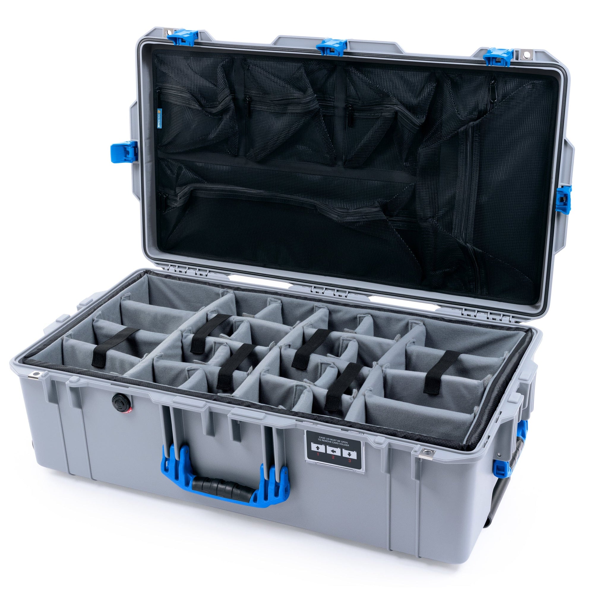 Pelican 1615 Air Case - Silver & Blue Padded Microfiber Dividers / Mesh Lid Organizer ColorCase 016150-0170-180-121