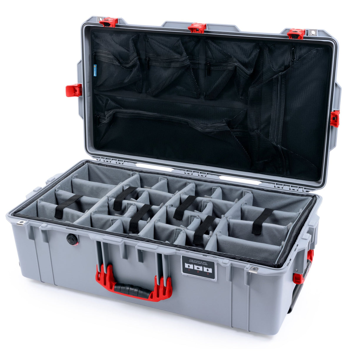 Pelican 1615 Air Case - Silver & Red TSA Latches + Trolley - Padded Microfiber Dividers / Mesh Lid Organizer