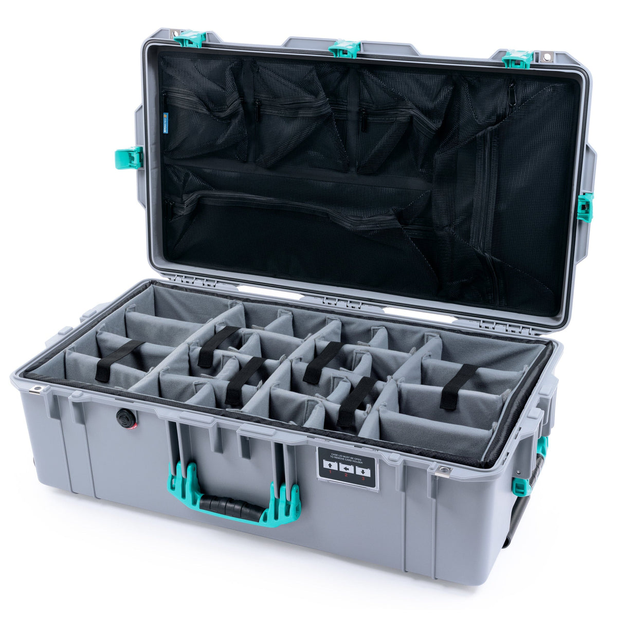 Pelican 1615 Air Case - Silver &amp; Teal Trolley Padded Microfiber Dividers / Mesh Lid Organizer ColorCase 016150-0170-180-591-590